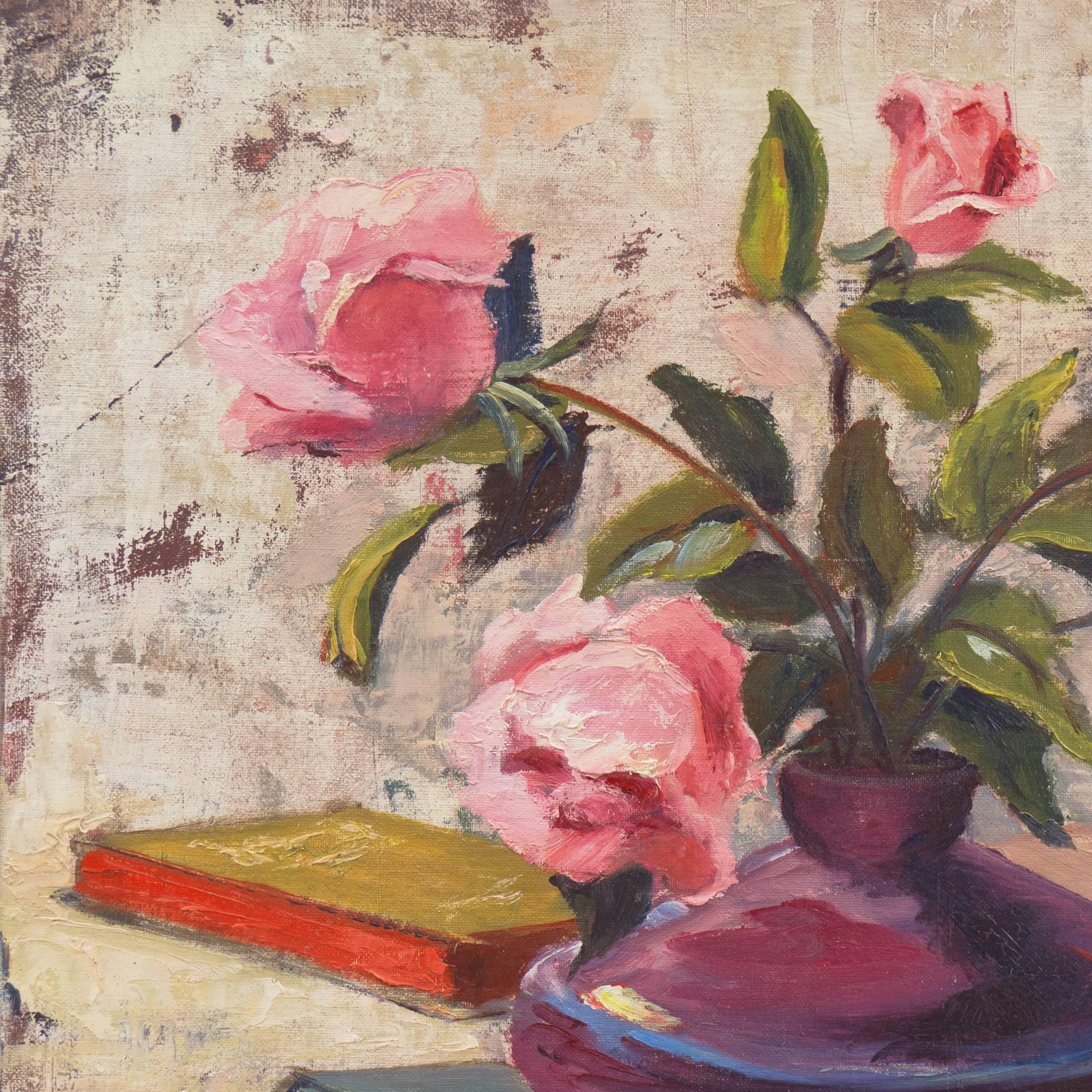 « Still Life of Pink Roses », huile impressionniste américaine, Santa Cruz Art League - Beige Still-Life Painting par Jon Blanchette