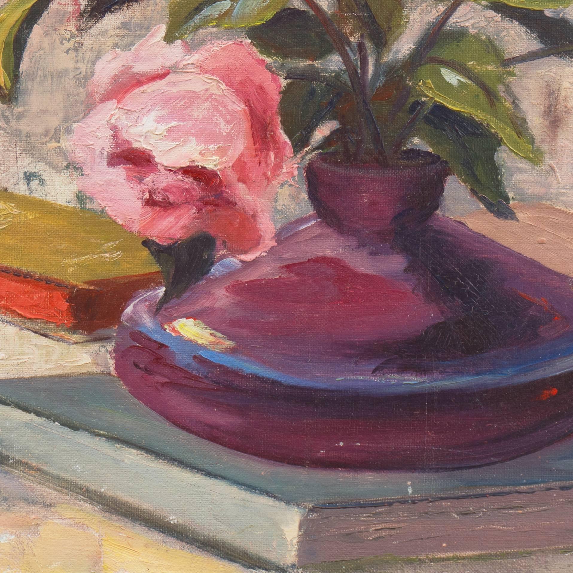 'Still Life of Pink Roses', American Impressionist Oil, Santa Cruz Art League  - Beige Still-Life Painting by Jon Blanchette