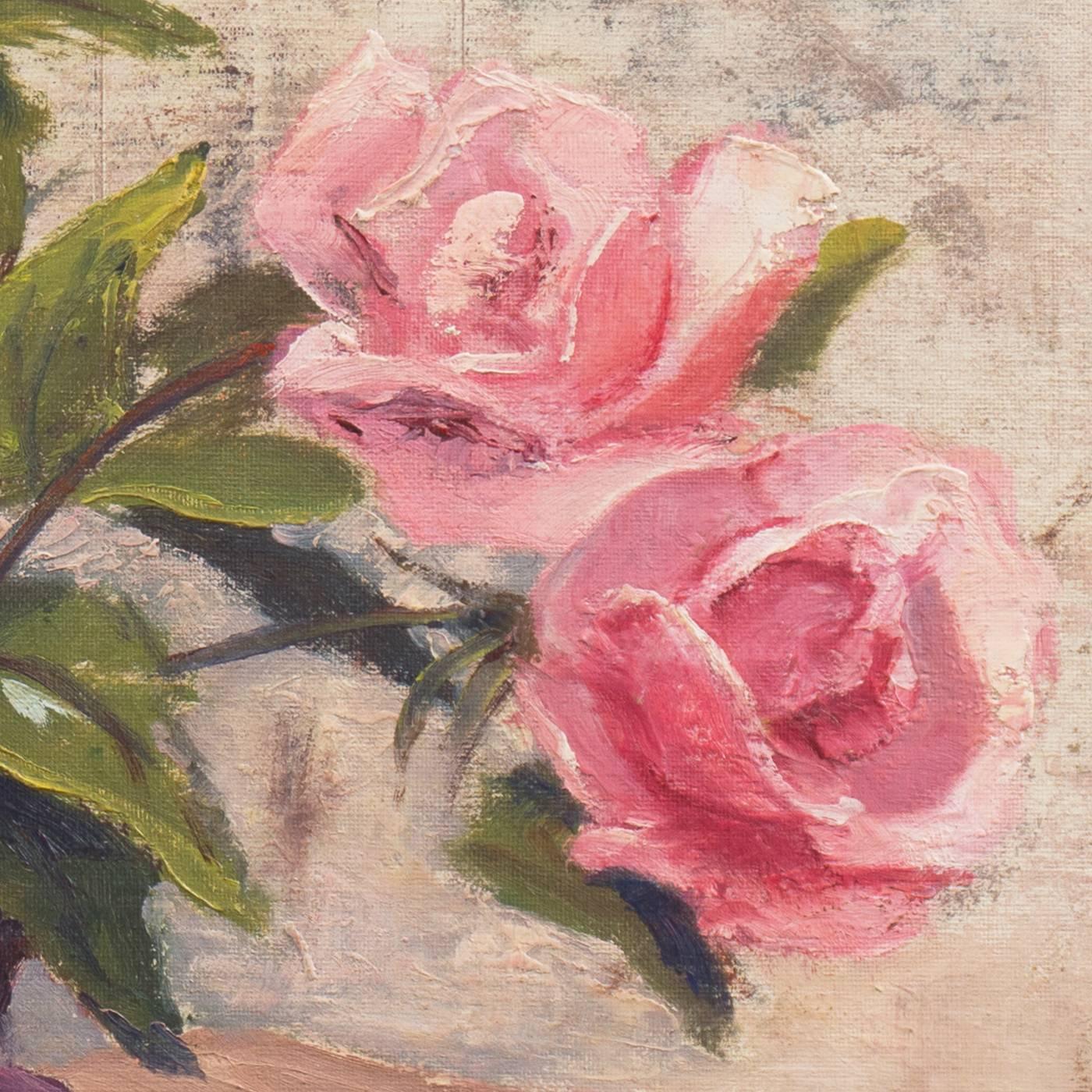 An elegant still-life of apricot-pink roses shown informally arranged in a plum-colored vase contrasted against a scumbled ivory and parchment background. 

Signed lower left 'Jon Blanchette'  (1908-1987) and painted circa 1955. 

Jon Blanchette was
