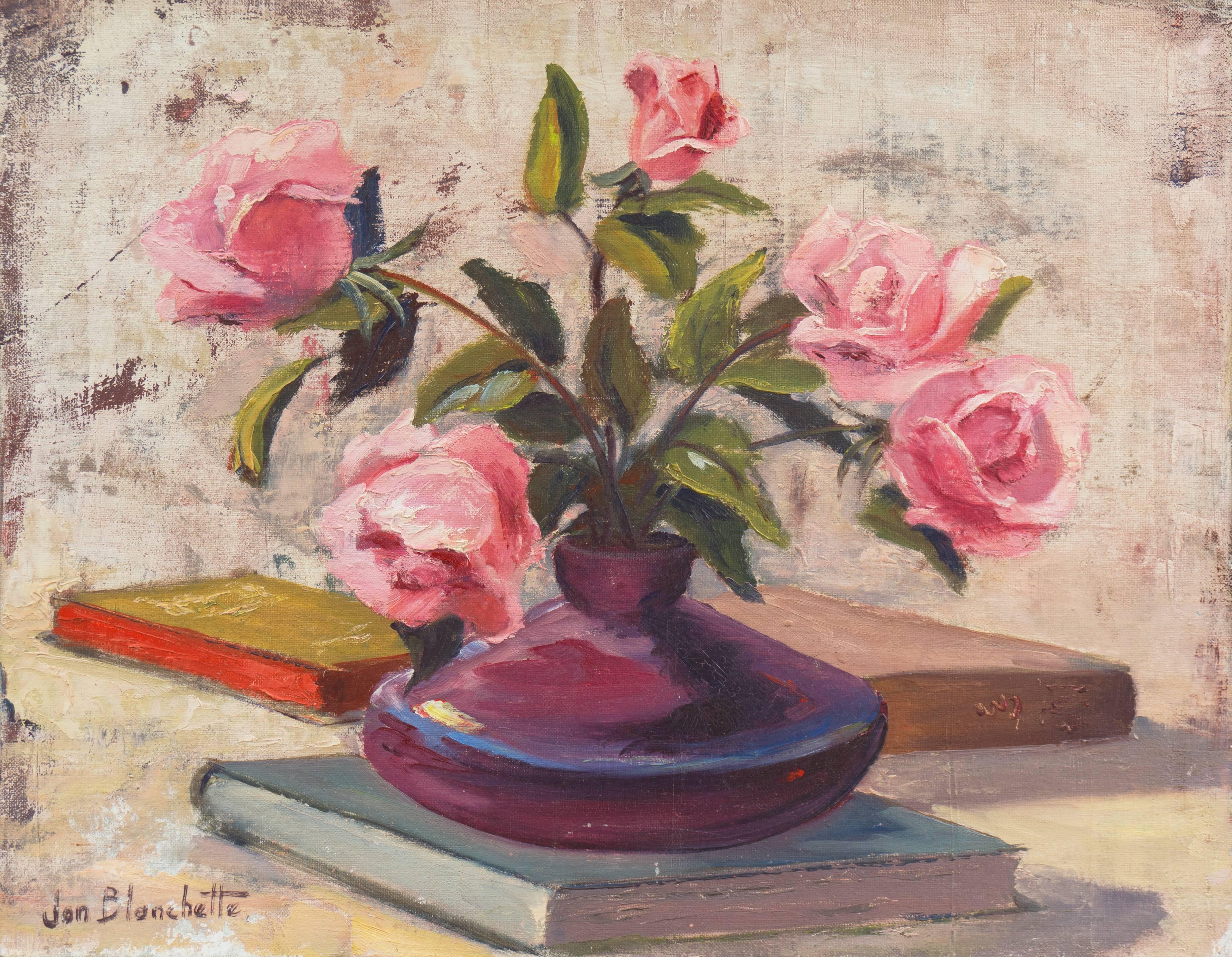 Jon Blanchette Still-Life Painting - 'Still Life of Pink Roses', American Impressionist Oil, Santa Cruz Art League 