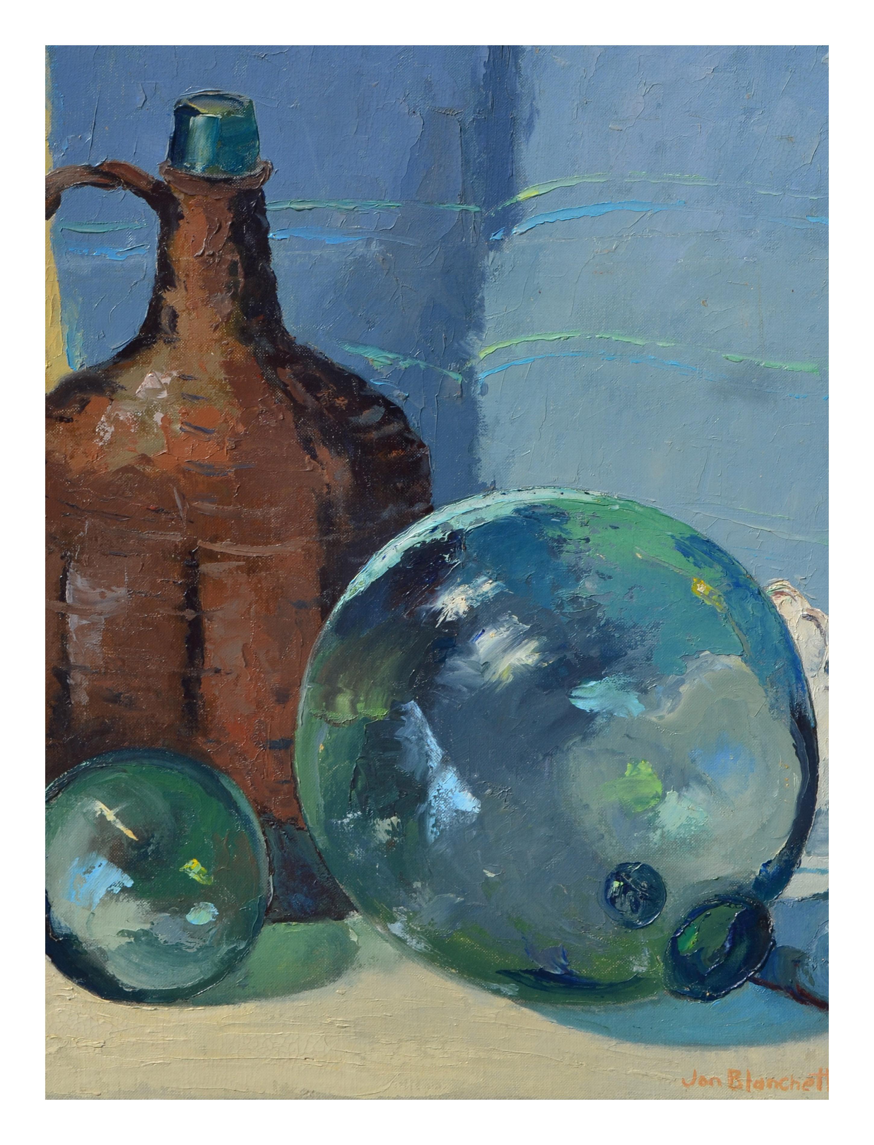 Still Life with Jug and Glass Floats  - Painting by Jon Blanchette