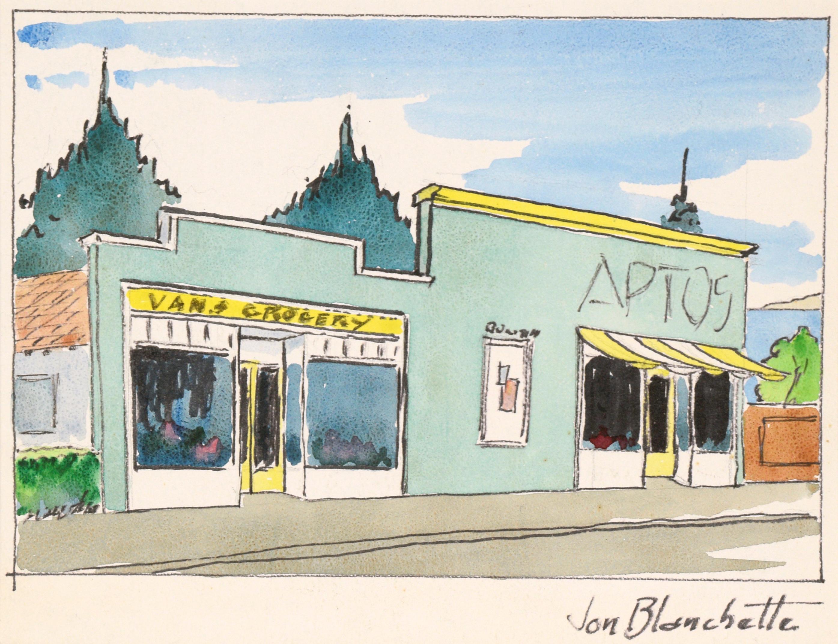 Van's Grocery, Aptos Village - Mid Century California Landscape  - Painting by Jon Blanchette