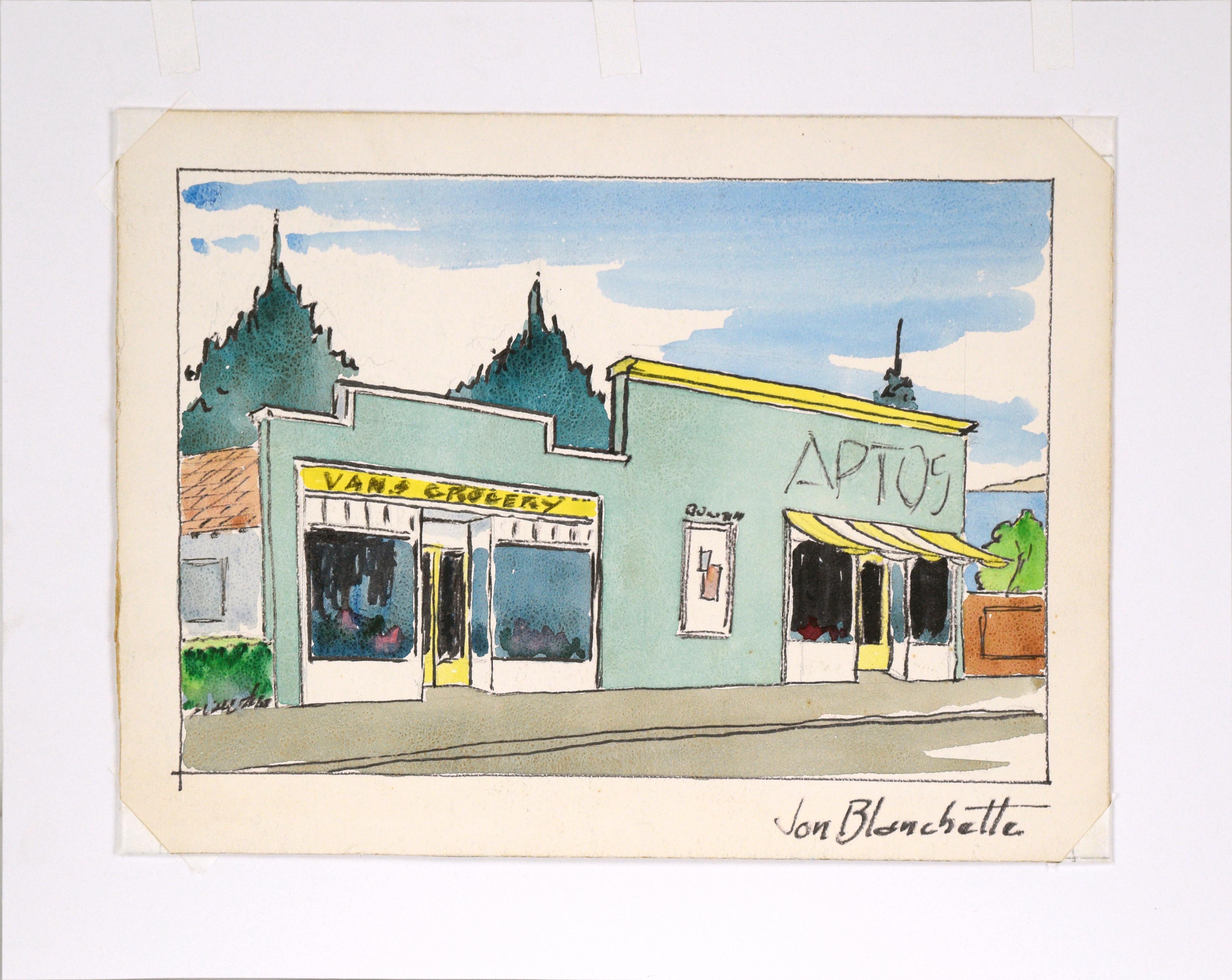Van's Grocery, Aptos Village - Mid Century California Landscape  - American Impressionist Painting by Jon Blanchette