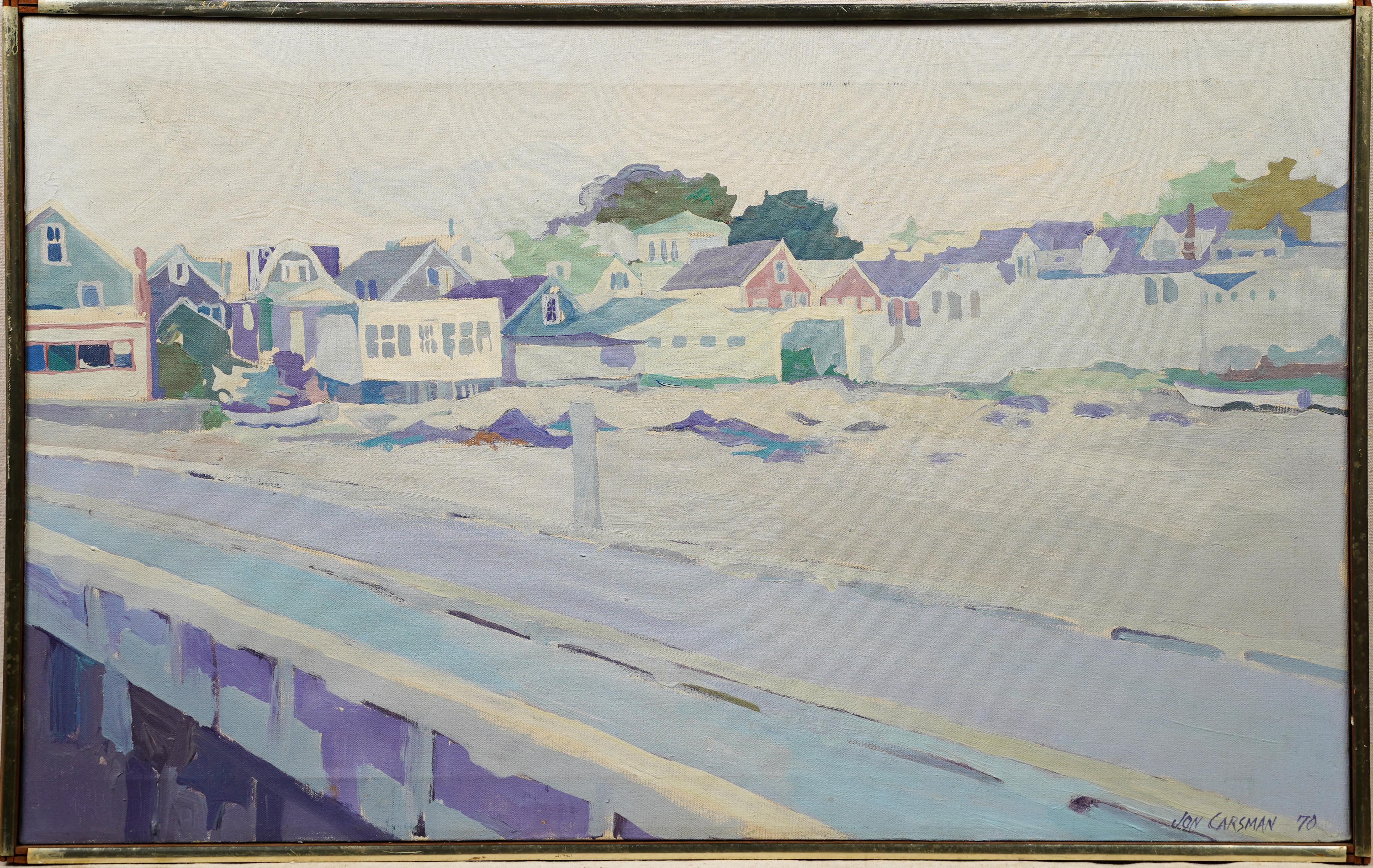 Antique American modernist coastal beach town oil painting by Jon Carsman (1944 - 1987).  Oil on canvas.  Framed.  Signed.