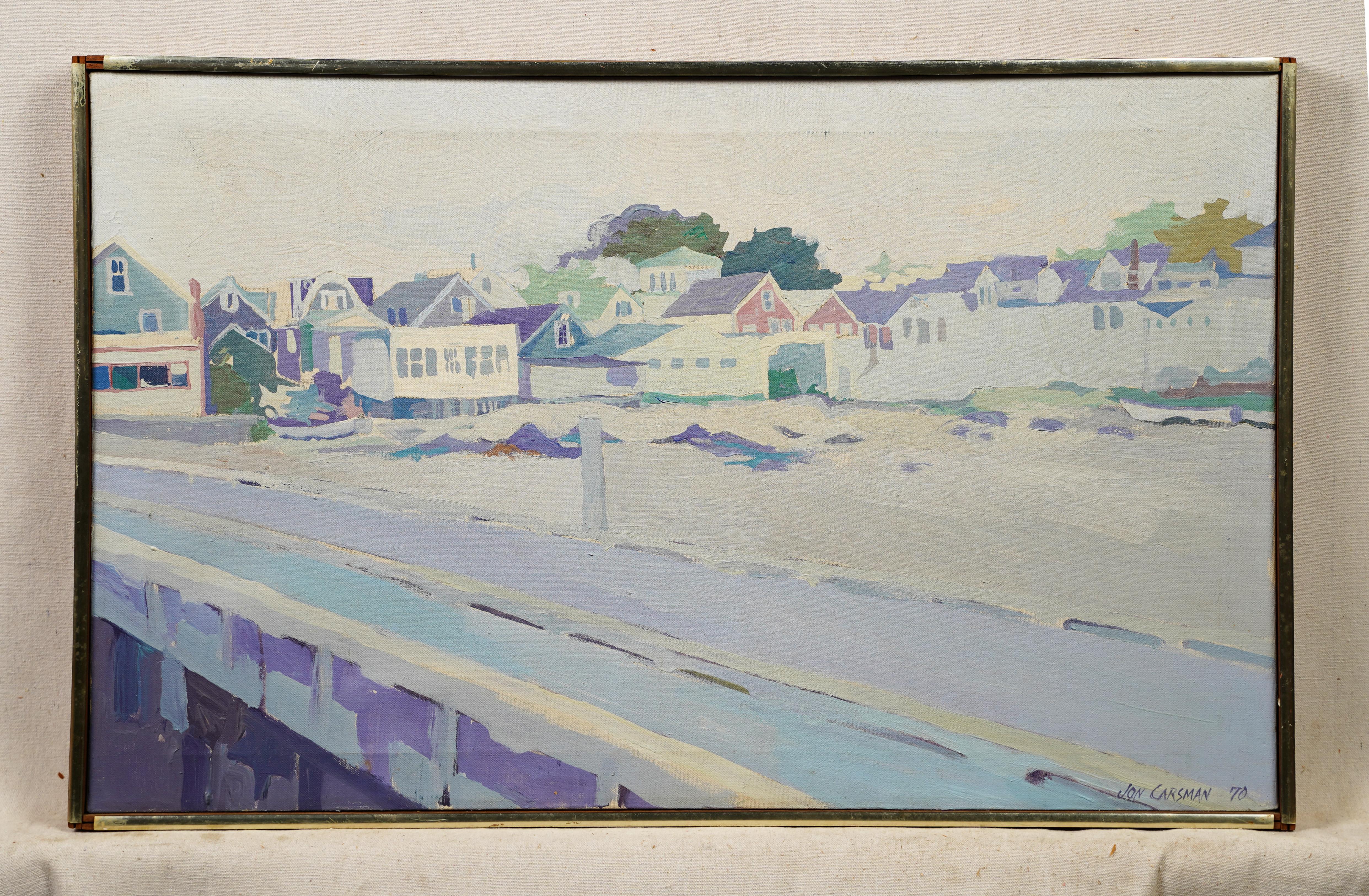  New England Beach Town Fauvist Palette Modernist Framed Large Oil Painting For Sale 1