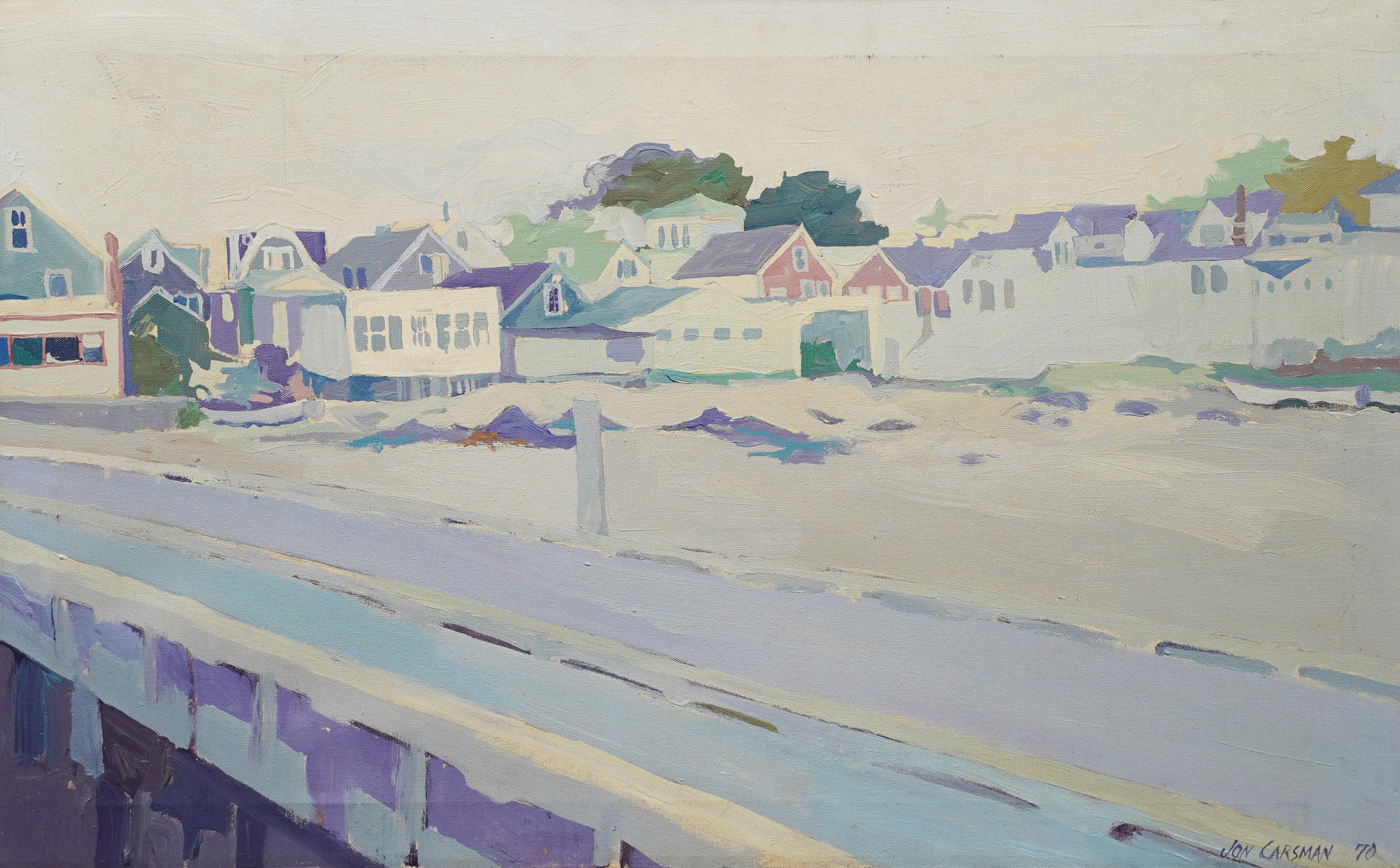  New England Beach Town Fauvist Palette Modernist Framed Large Oil Painting For Sale 2