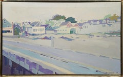  Grande peinture à l'huile moderniste encadrée de la Nouvelle-Angleterre Beach Town Fauvist Palette