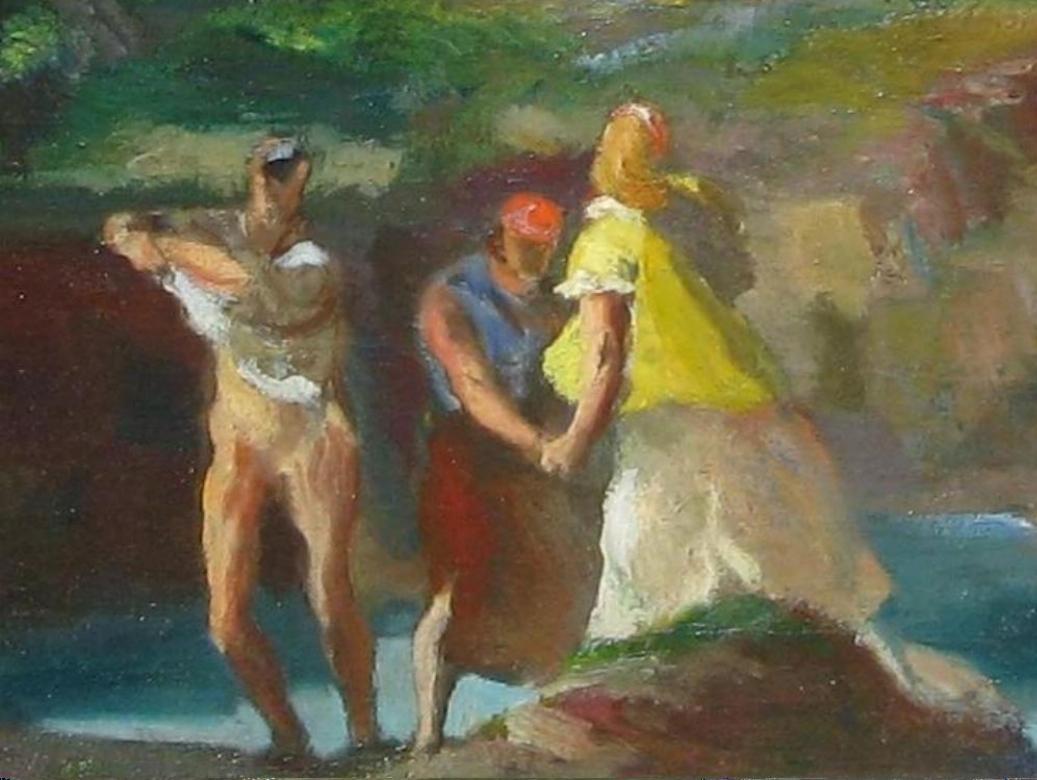 Beautiful Jon Corbino (1905-1964) oil on canvas featuring bathers.
The work measures 18 x 30 inches and is signed in red lower right.
The frame is approximately 24 x 36 inches.
The painting is striking and in excellent condition.

Jon Corbino,