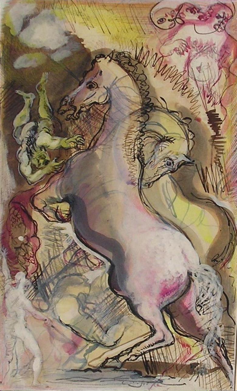 Schönes Original-Aquarell von Jon Corbino. Signiert und datiert unten in der Mitte.
Das Gemälde misst 13 3/4 x 8 ½. Der Rahmen misst 23 1/4 x 17 1/4 Zoll.
Das Datum in der Nähe der Unterschrift (leicht verblasst) lautet '45.
Das Gemälde ist in