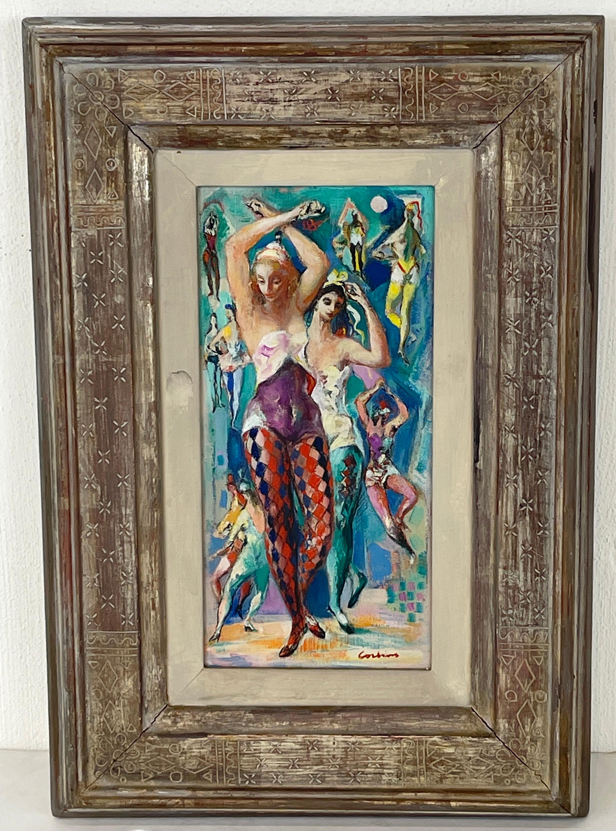 Jon Corbino, 'Gala Performance Rehearsal'
Jon Corbino (New York, Massachusetts, 1905 - 1964)
As written in Corbino’s handwriting (upper right verso) on stretcher 
Oil on Canvas, signed lower right
The frame is handmade by Corbino, incised, decorated