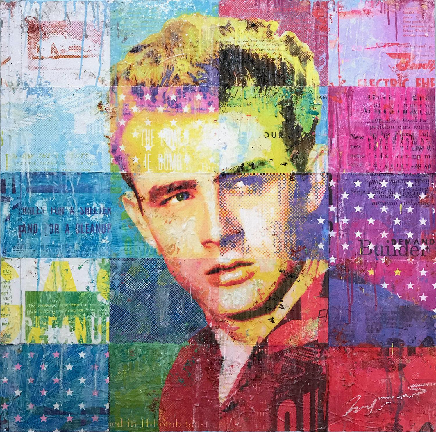 Jon Davenport Portrait Painting - "American Rebel" Mixed Media James Dean Collage Composition on Panel Board
