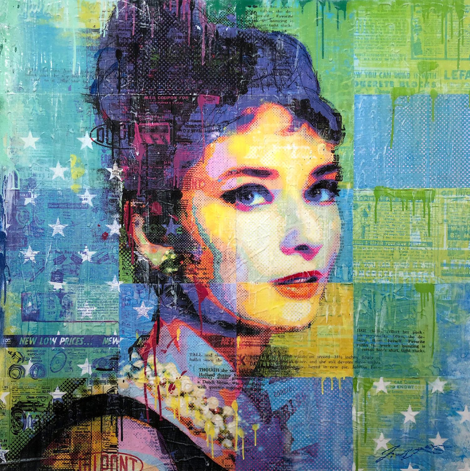 Jon Davenport Portrait Painting - "Audrey In Black" Mixed Media Figurative Collage Composition on Panel Board