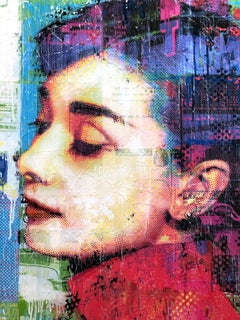 "Audrey In Red" Mixed Media Figurative Collage Composition on Panel Board