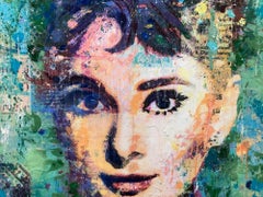 "Audrey on Green" Mixed Media Figurative Collage Composition on Panel Board