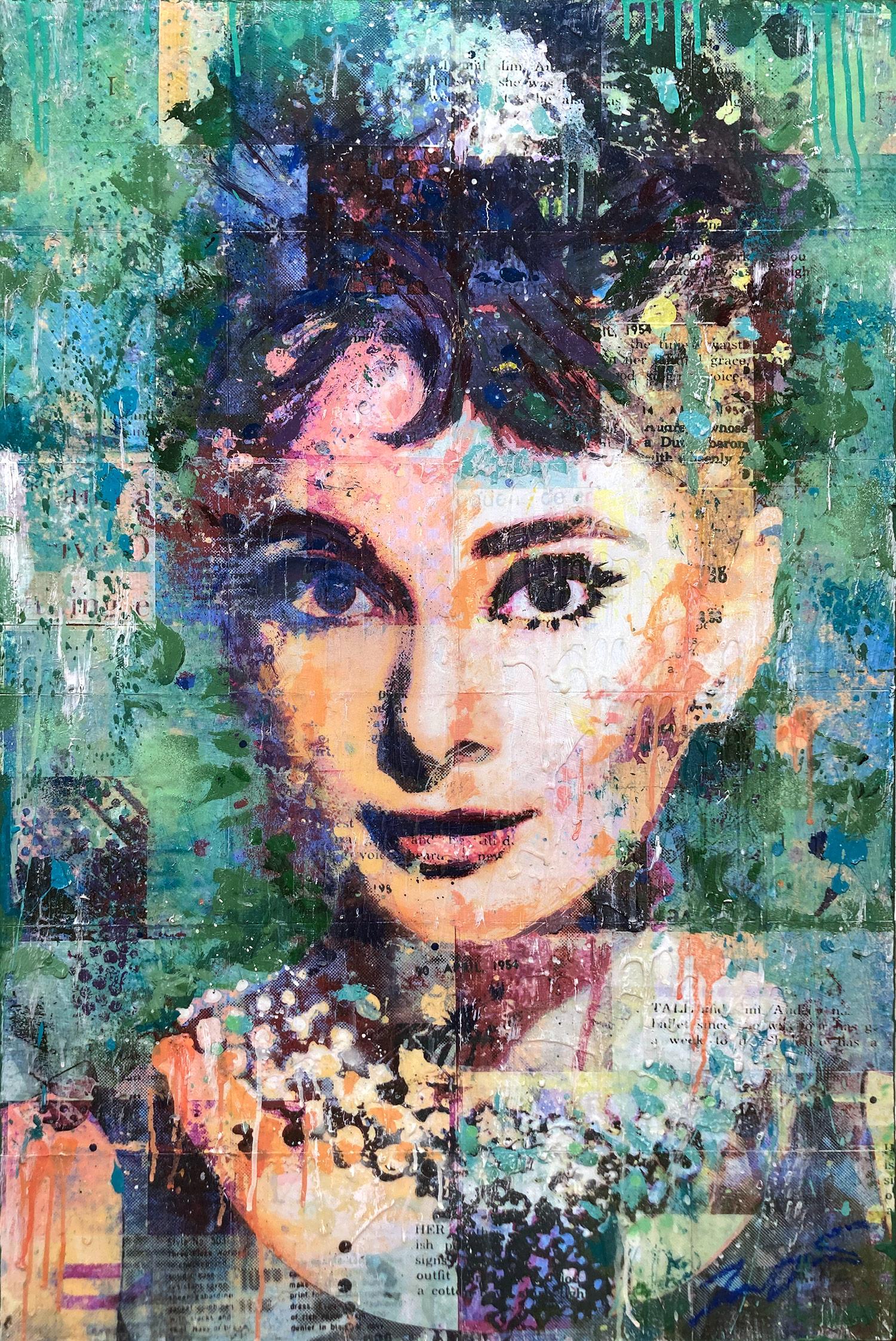 Jon Davenport Portrait Painting - "Audrey on Green" Mixed Media Figurative Collage Composition on Panel Board