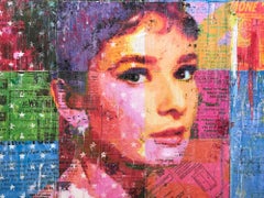 "Audrey with Stars" Mixed Media Audrey Hepburn Portrait on Panel Board