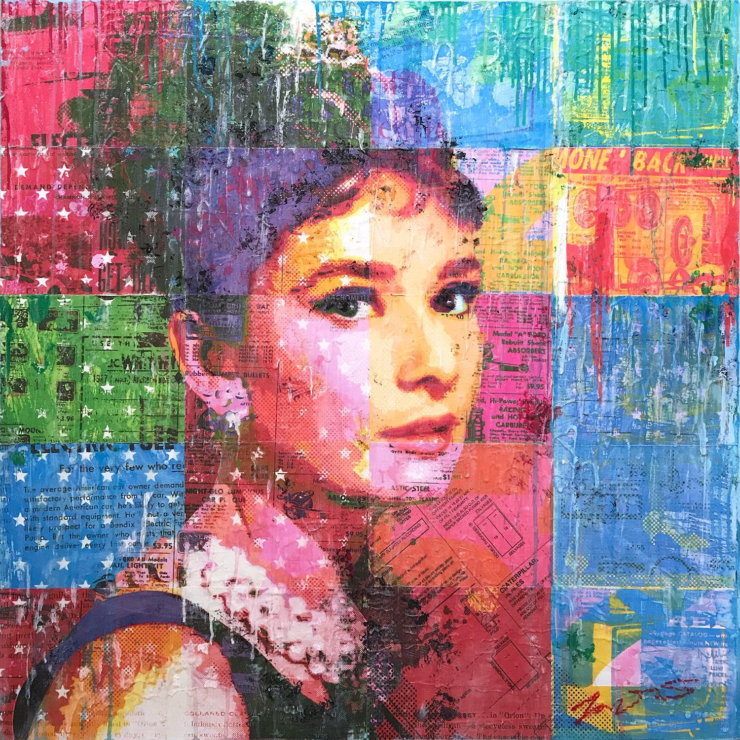 "Audrey with Stars" Mixed Media Audrey Hepburn Portrait on Panel Board