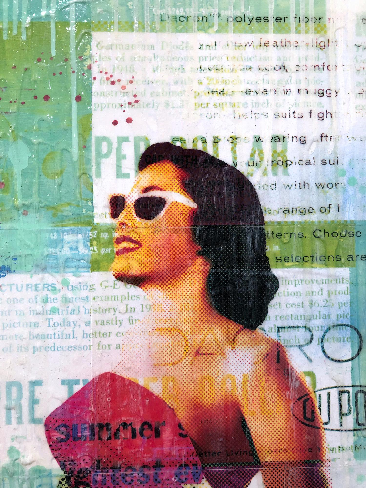 Questo pezzo raffigura un colorato ritratto a collage di una modella Pin-up degli anni '50. Jon Davenport esplora il processo di decostruzione di immagini iconiche del passato e del presente. Davenport inizia con foto del pavimento del suo studio