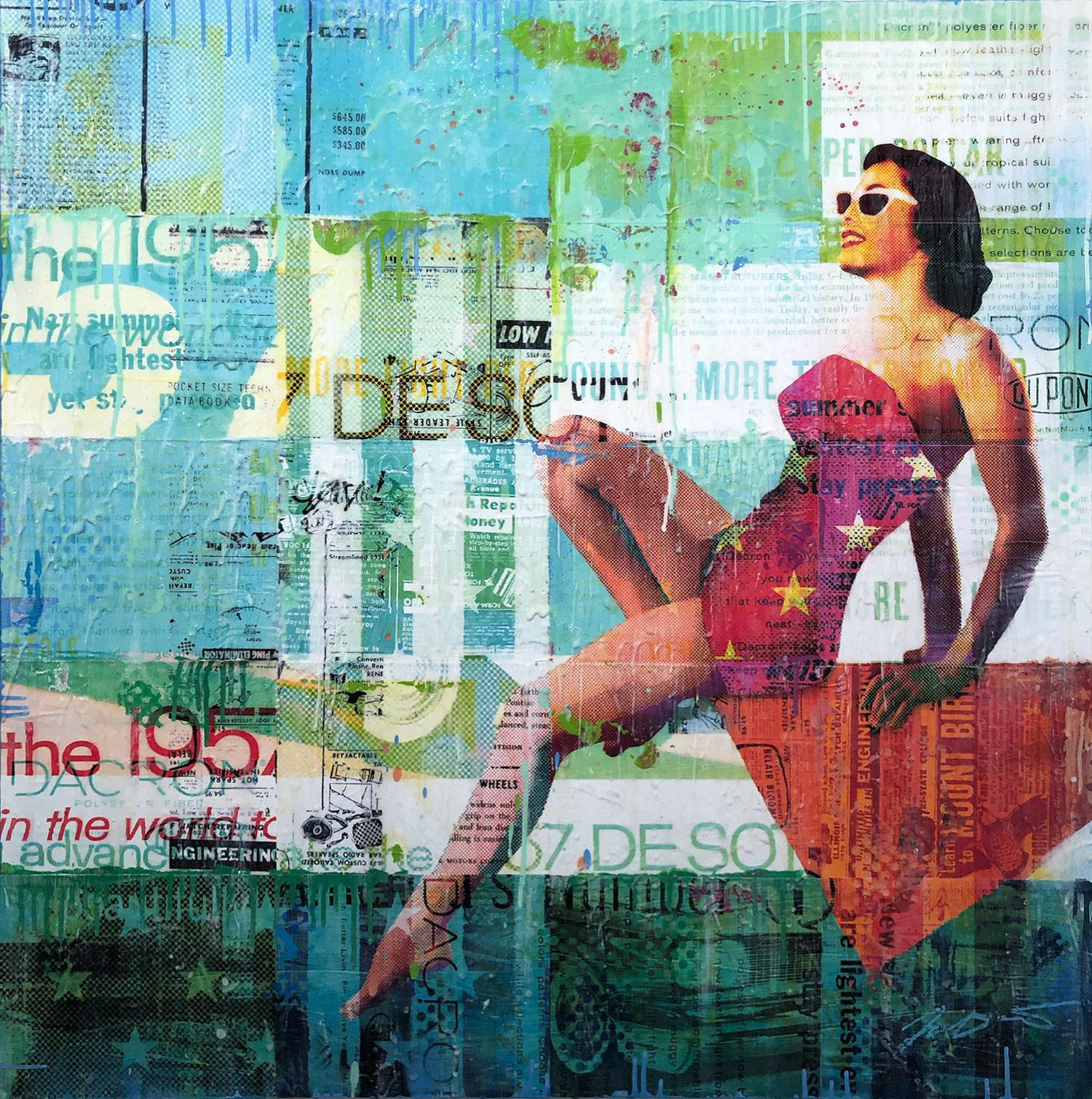 "In The Deep End" Mixed Media Figurative Collage Composition on Panel Board