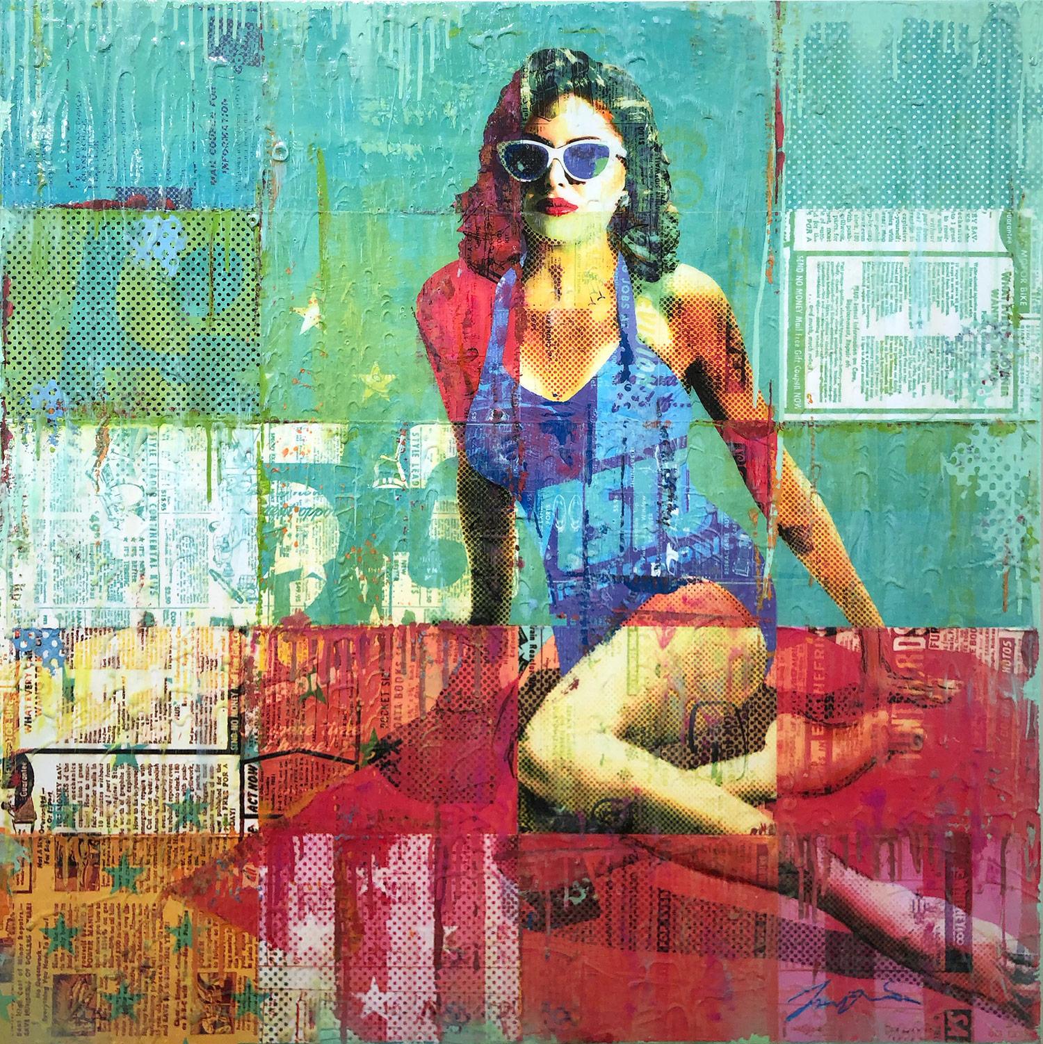 Jon Davenport Portrait Painting - "Poolside" Mixed Media Figurative Collage Composition on Panel Board