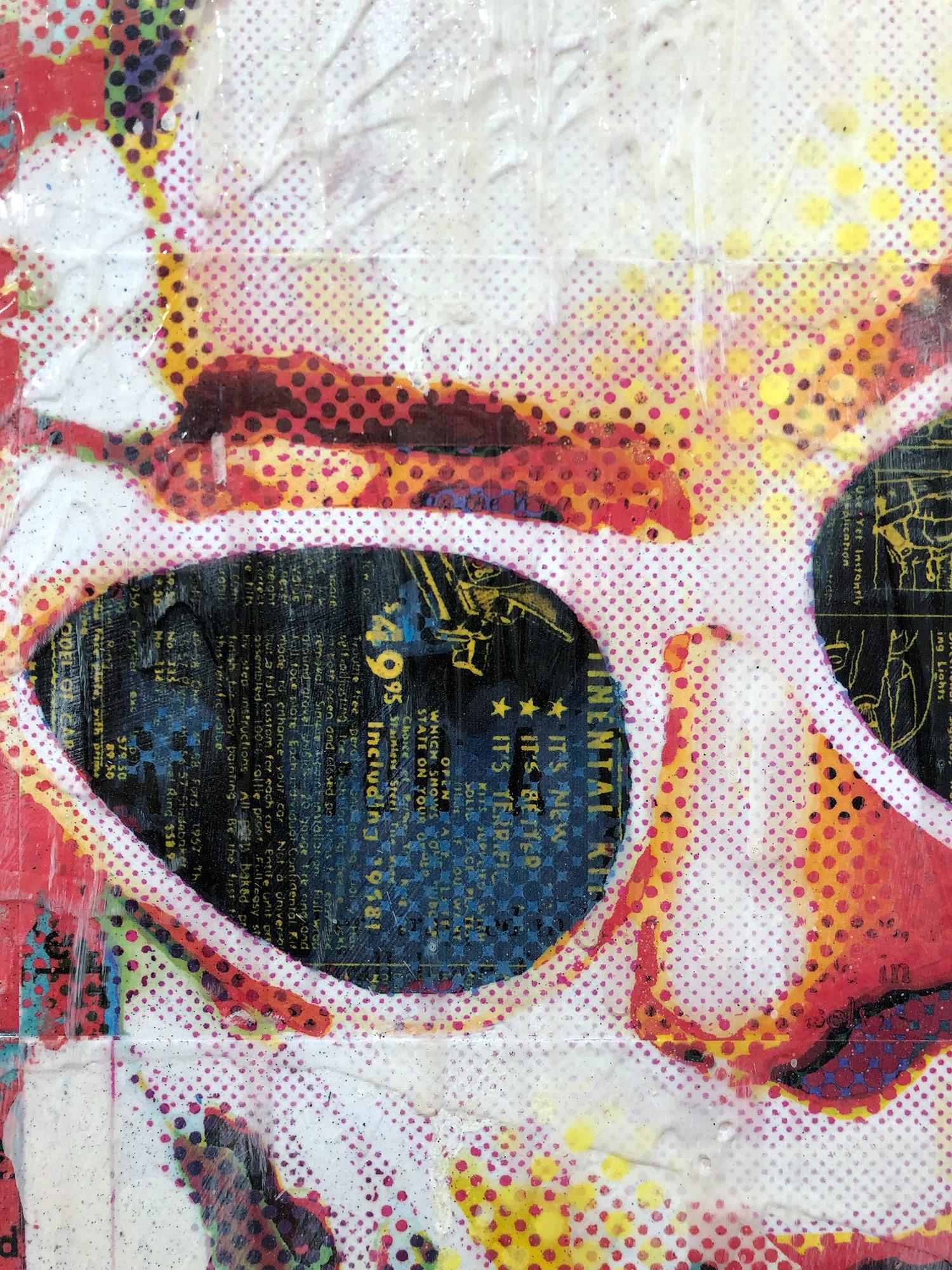 This piece depicts a colorful collage composition portrait of Marilyn Monroe, as Jon Davenport explores the process of deconstructing iconic imagery from the past and present. Davenport start’s out with photos of his paint-stained studio floor and