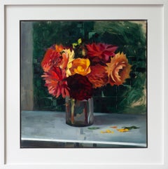 "Dalie e Greene & Greene" - Pittura a olio, 2022, Natura morta vibrante