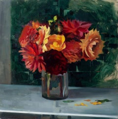 "Dahlias and Dark Green" - Oil Painting, 2022, Vibrant Still Life