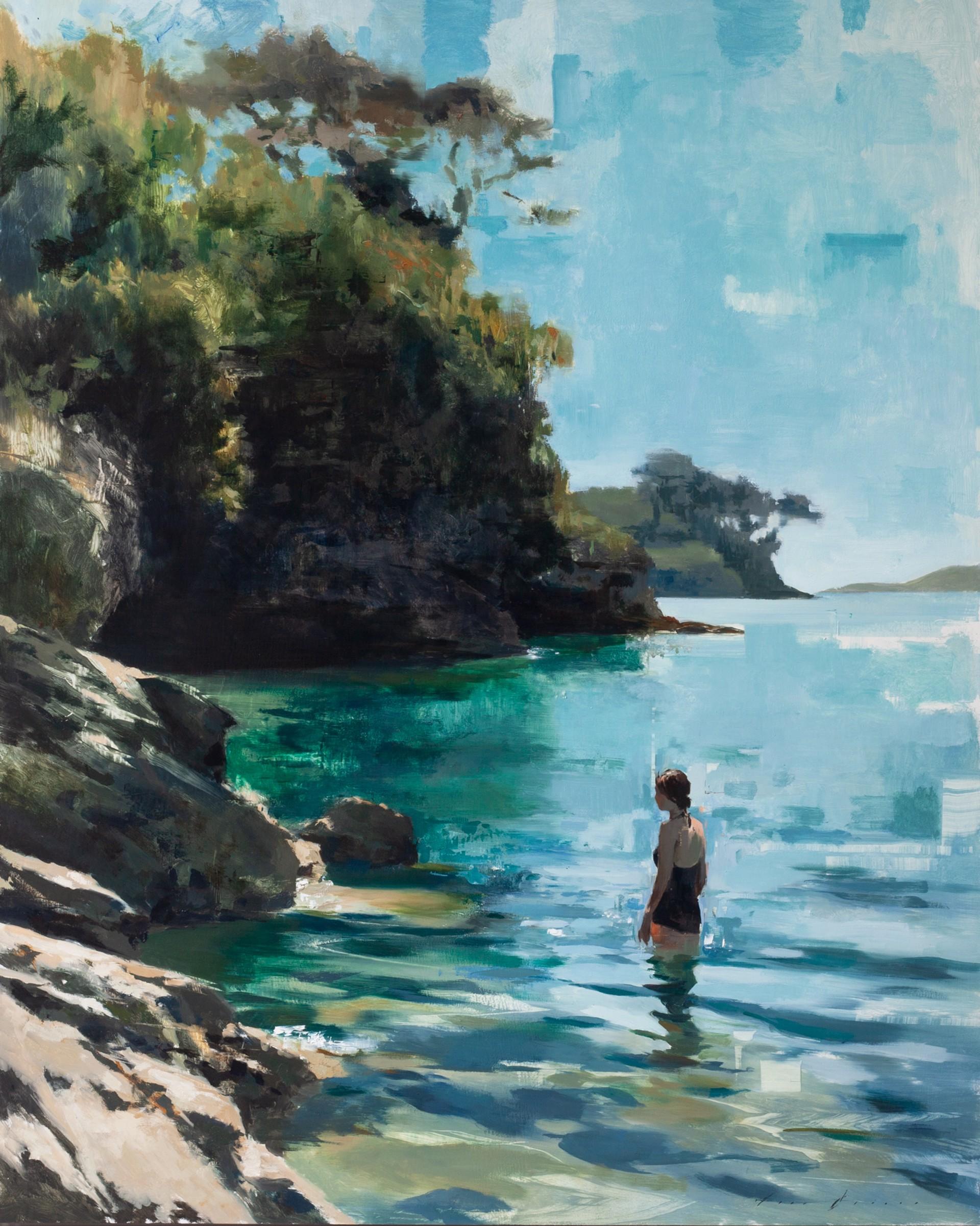 "Nuotatore mattutino 5" Pittura ad olio originale