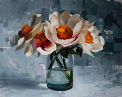 "Open Peonies on Blue Grey" Oil Painting