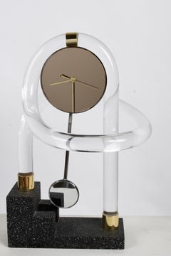 Jon Gilmore 1992 Postmodern Lucite & Brass Pendulum Clock on Speckled Base