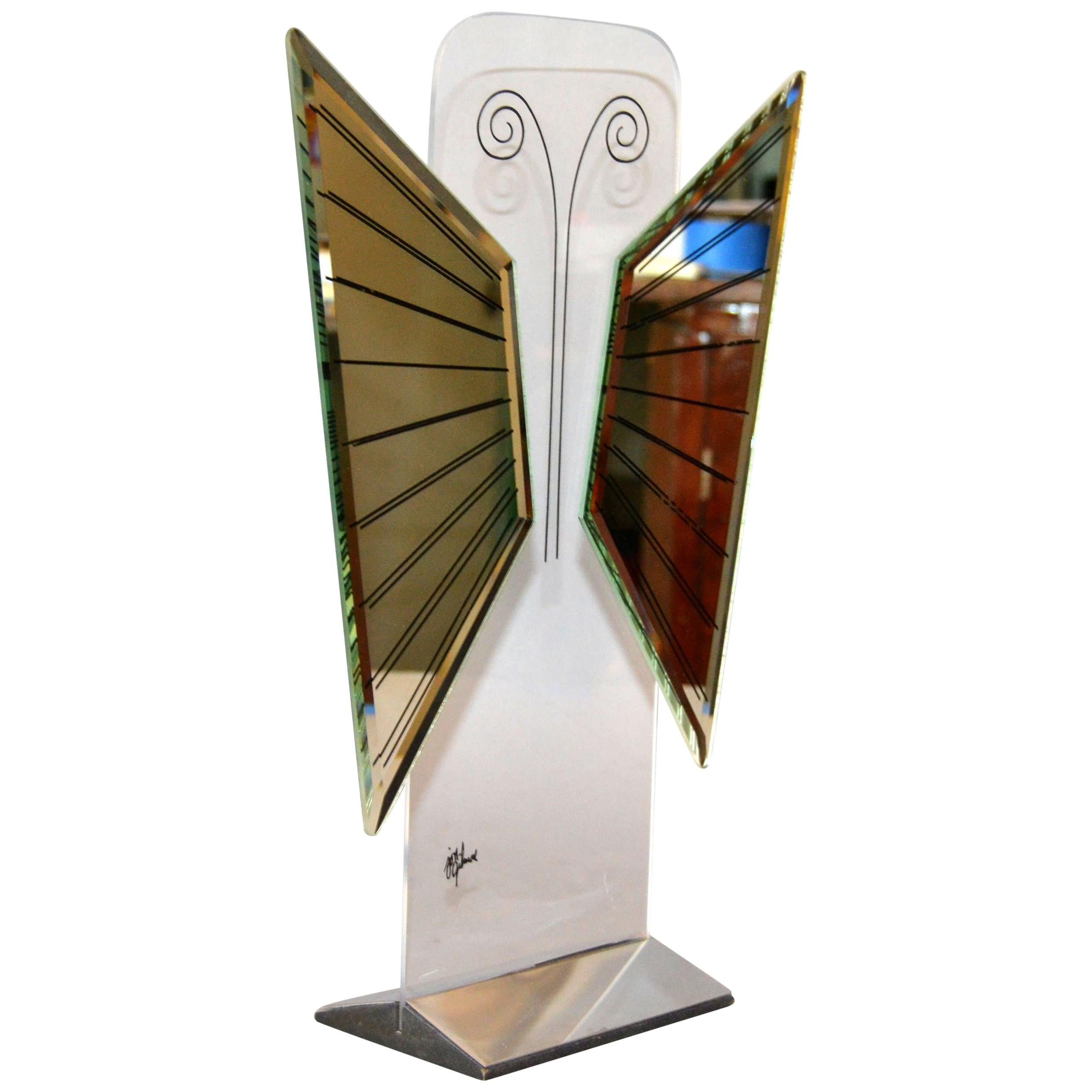 Jon Gilmore Mid-Century Modern Art Mirror in Chrome and Lucite Shaped Butterfly