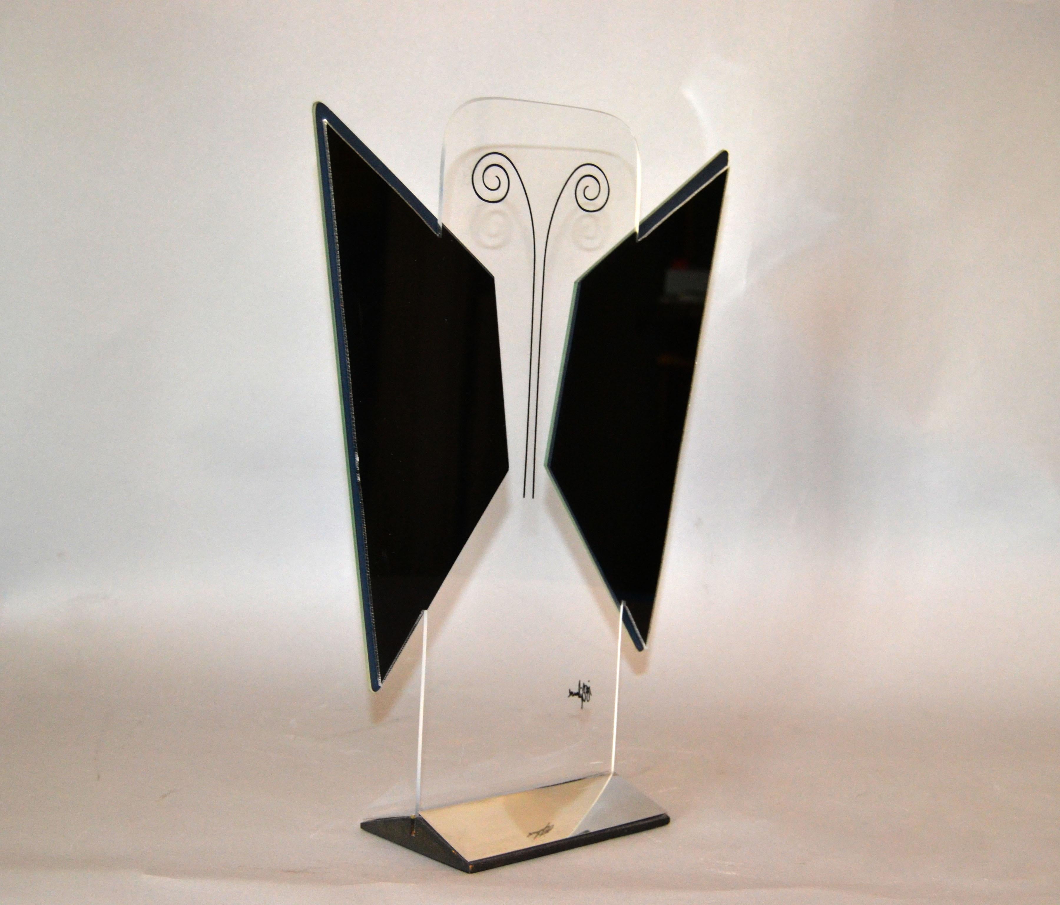 Beveled Jon Gilmore Mid-Century Modern Art Mirror in Chrome and Lucite Shaped Butterfly