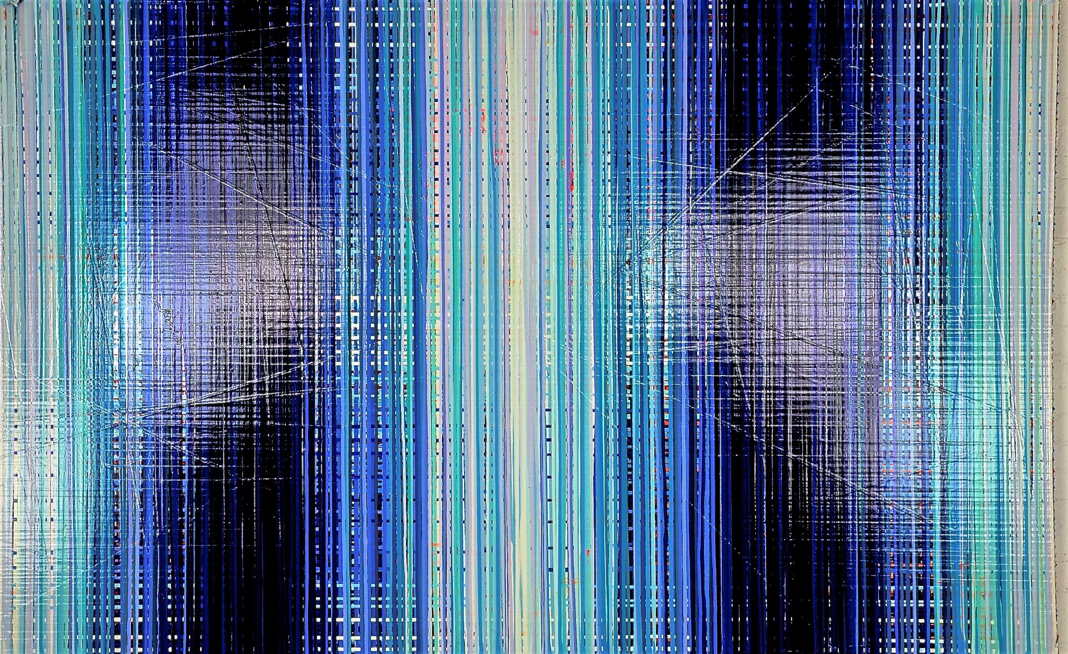 "Caeruleum Continuum"
Acryl auf Leinwand
60 x 96 Zoll.

Indem Jon Jame blaue Farbtöne in Wiederholungen über die Leinwand tropft, erzeugt er die Illusion von Tiefe in seinem Gemälde. Die helleren Blautöne scheinen vor den dunkelblauen und schwarzen