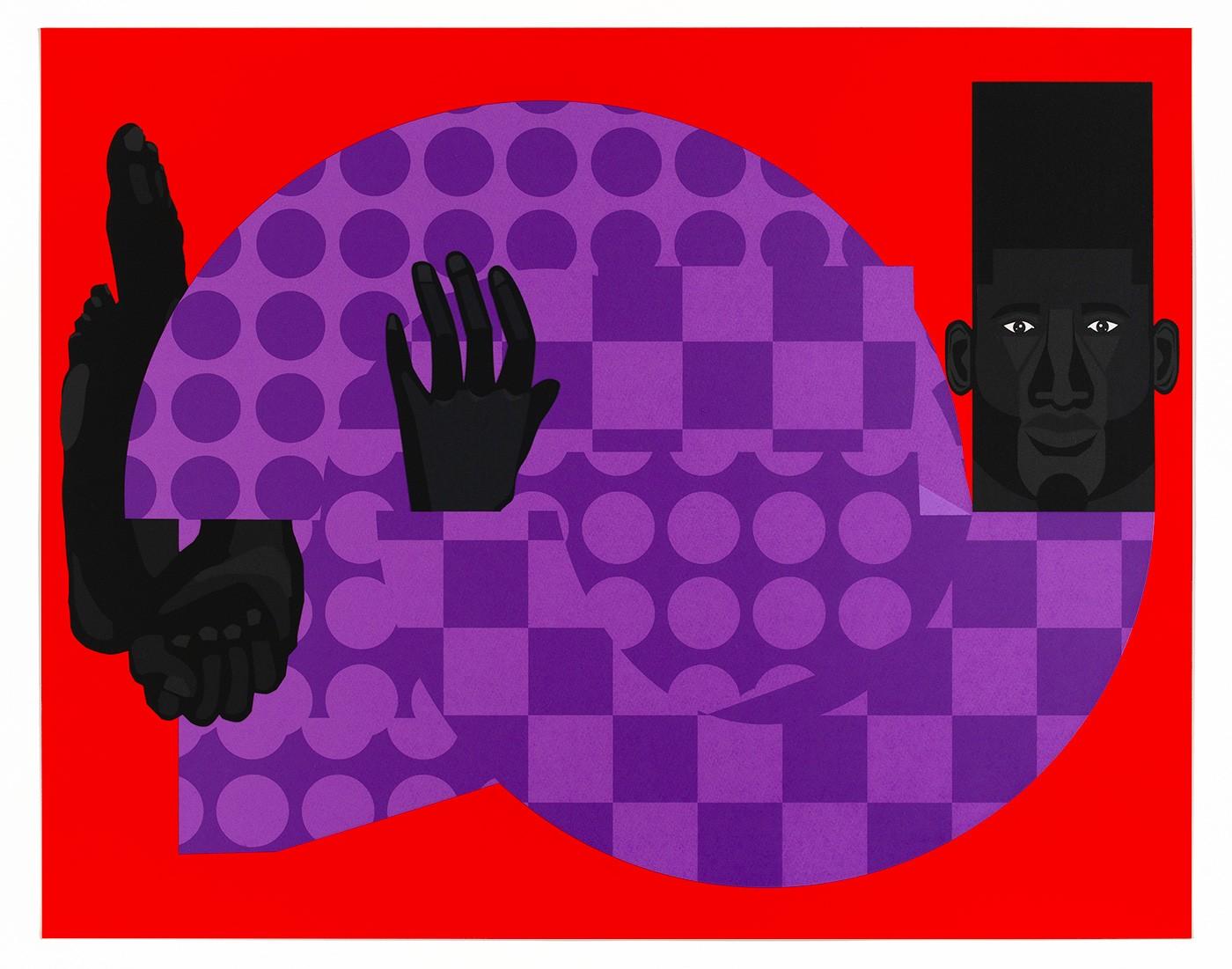 Jon Key Figurative Print – Der Mann im violetten Anzug (Rot Nr.1)