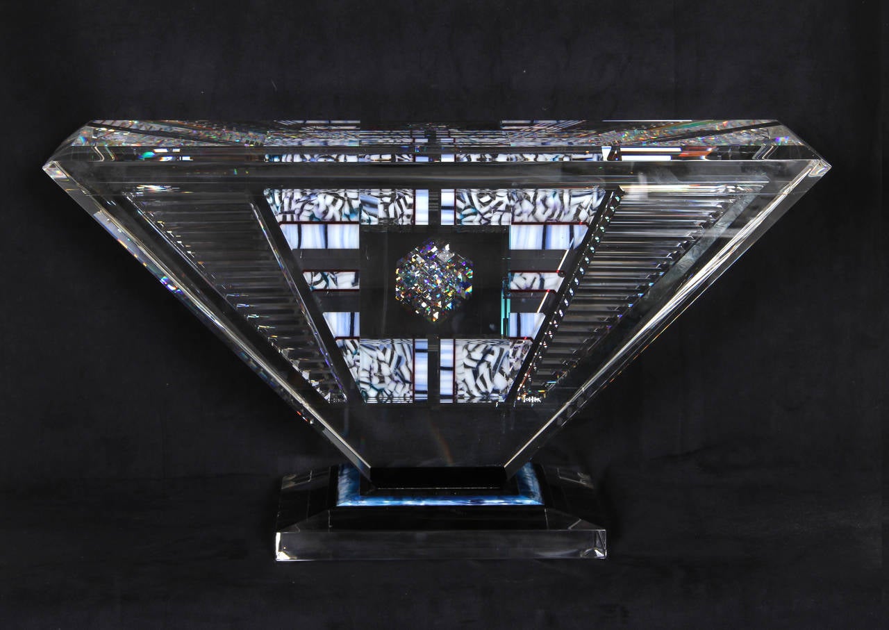 Island Jewel, Unique Cut Glass OP Art Sculpture by Jon Kuhn For Sale 3