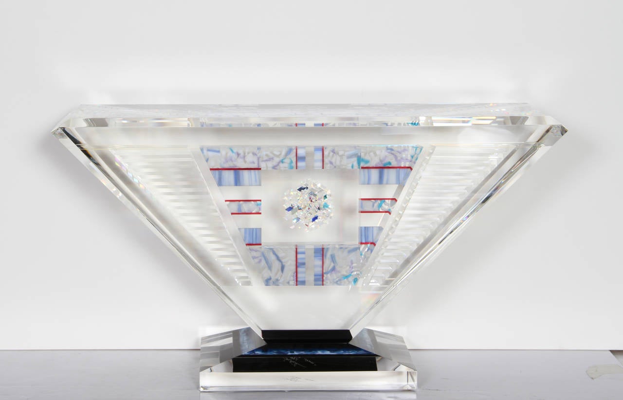 Island Jewel, Unique Cut Glass OP Art Sculpture by Jon Kuhn For Sale 6