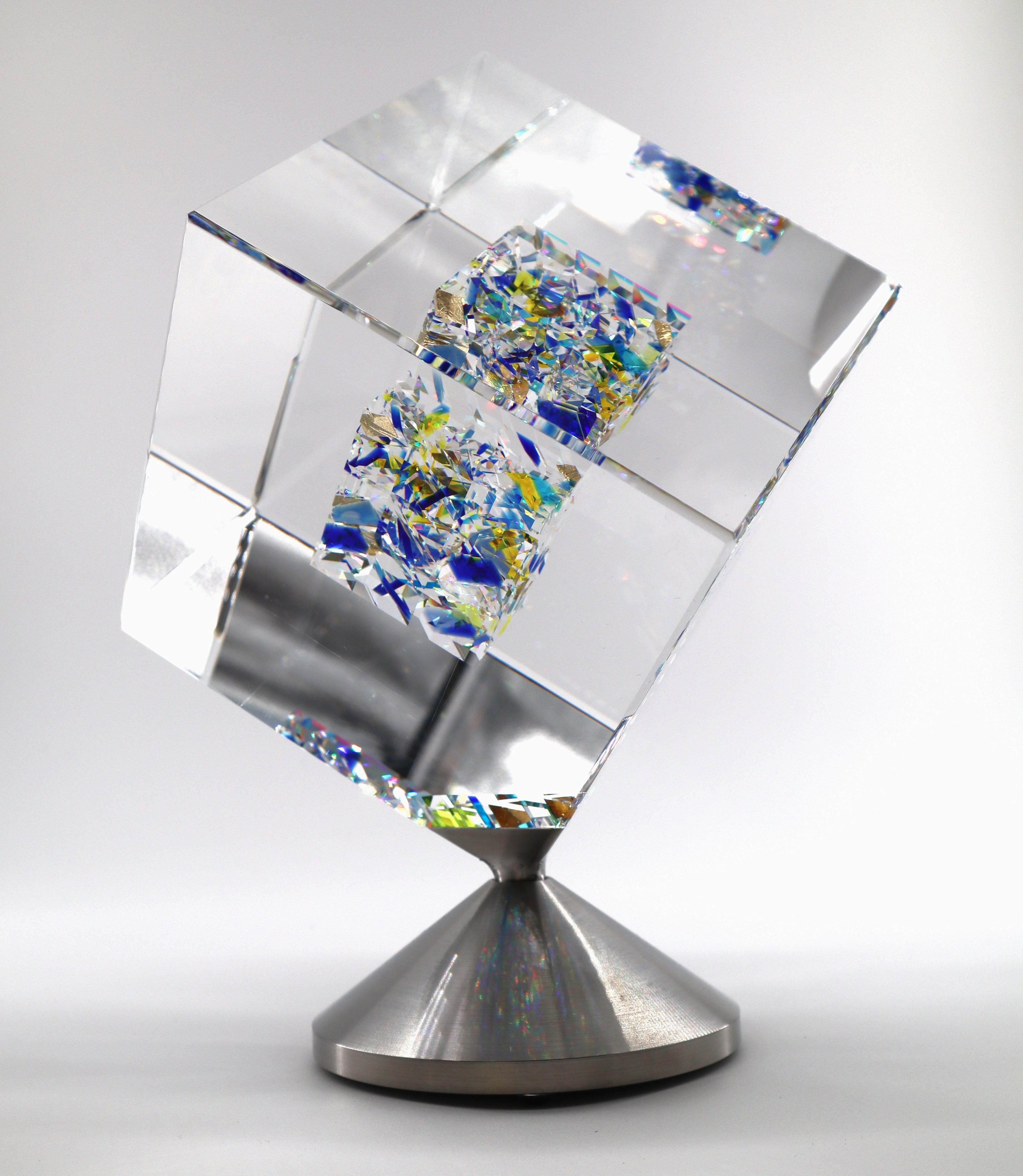 Jon Kuhn (American, b. 1949) 'Blue Moon - 2024' 6 Layers Glass Art Cube Sculptur For Sale 1