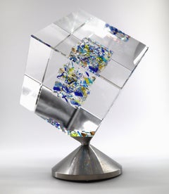 Jon Kuhn (American, b. 1949) 'Blue Moon - 2024' 6 Layers Glass Art Cube Sculptur