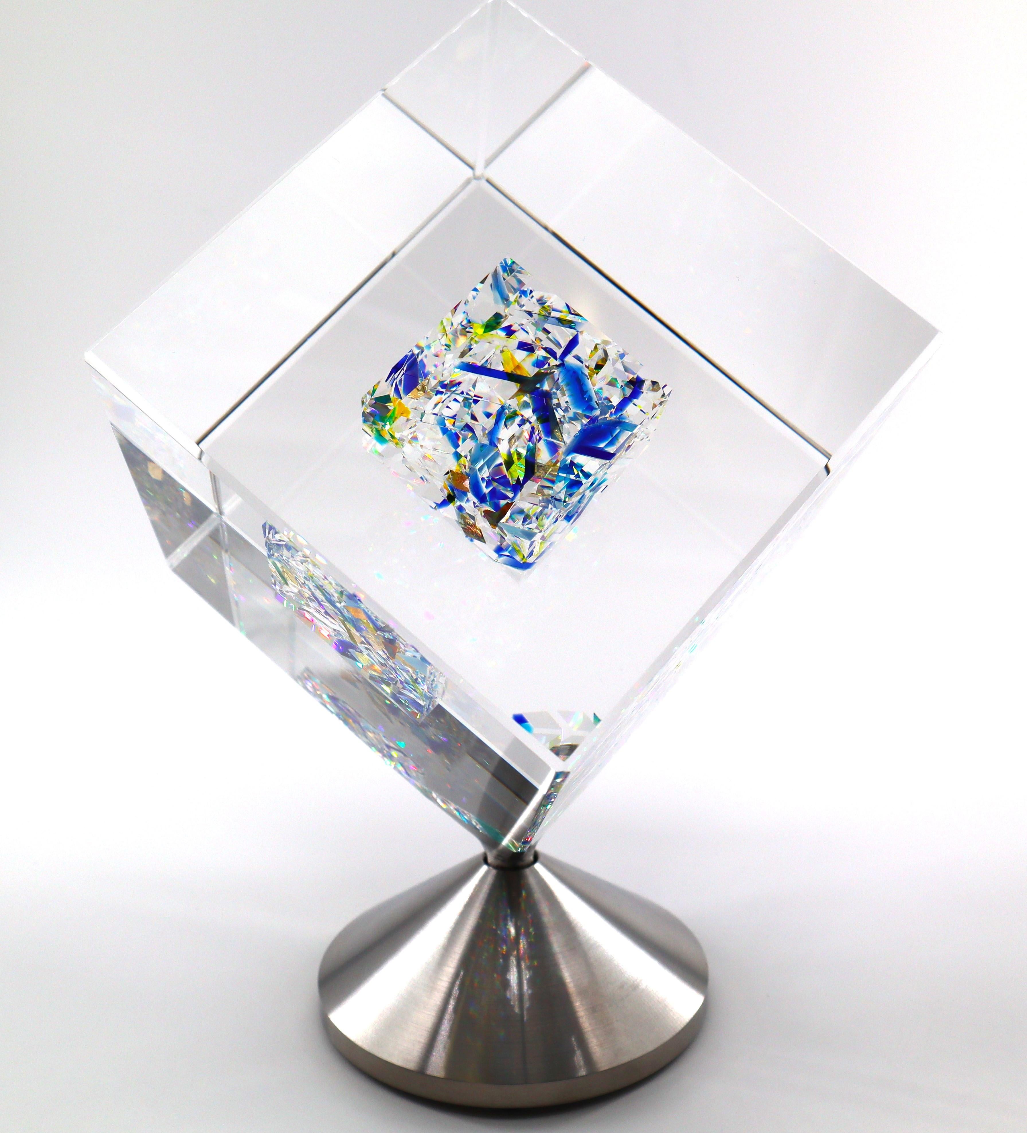 Jon Kuhn (American, b. 1949) 'Blue Moon - 2024' 6 Layers Glass Art Cube Sculptur For Sale 2