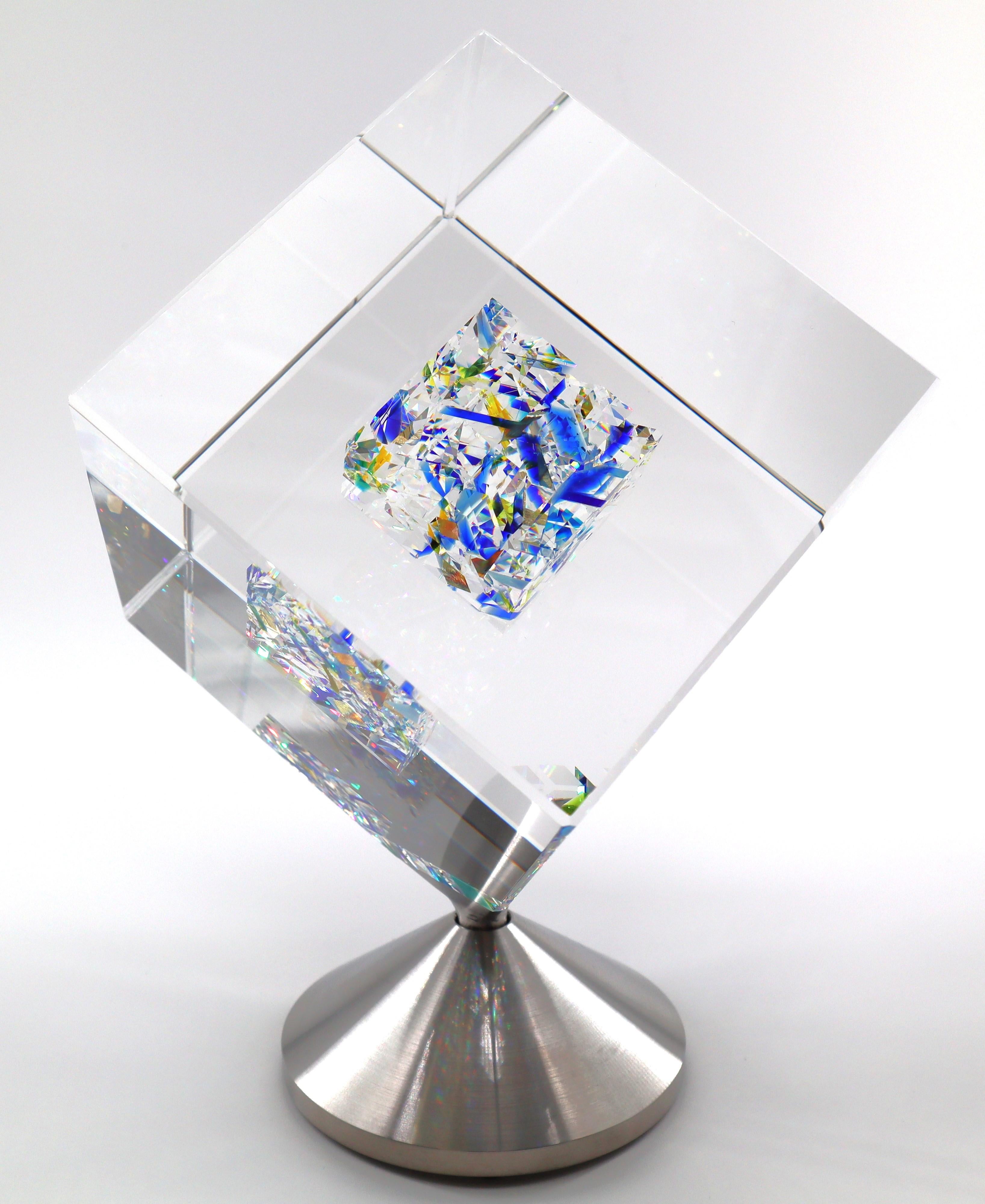 Jon Kuhn (American, b. 1949) 'Blue Moon - 2024' 6 Layers Glass Art Cube Sculptur For Sale 4