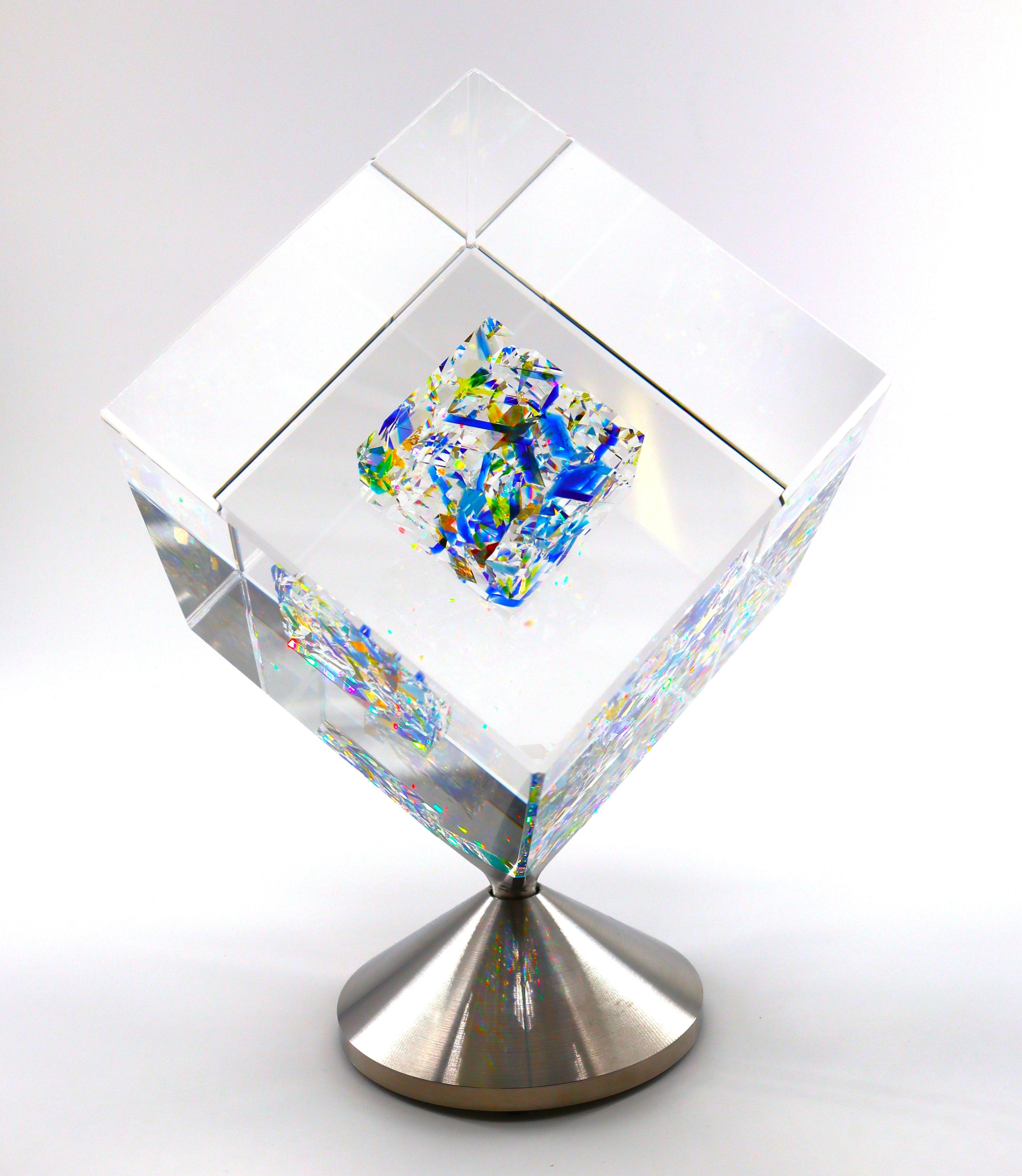 Jon Kuhn (American, b. 1949) 'Blue Moon - 2024' 6 Layers Glass Art Cube Sculptur For Sale 4