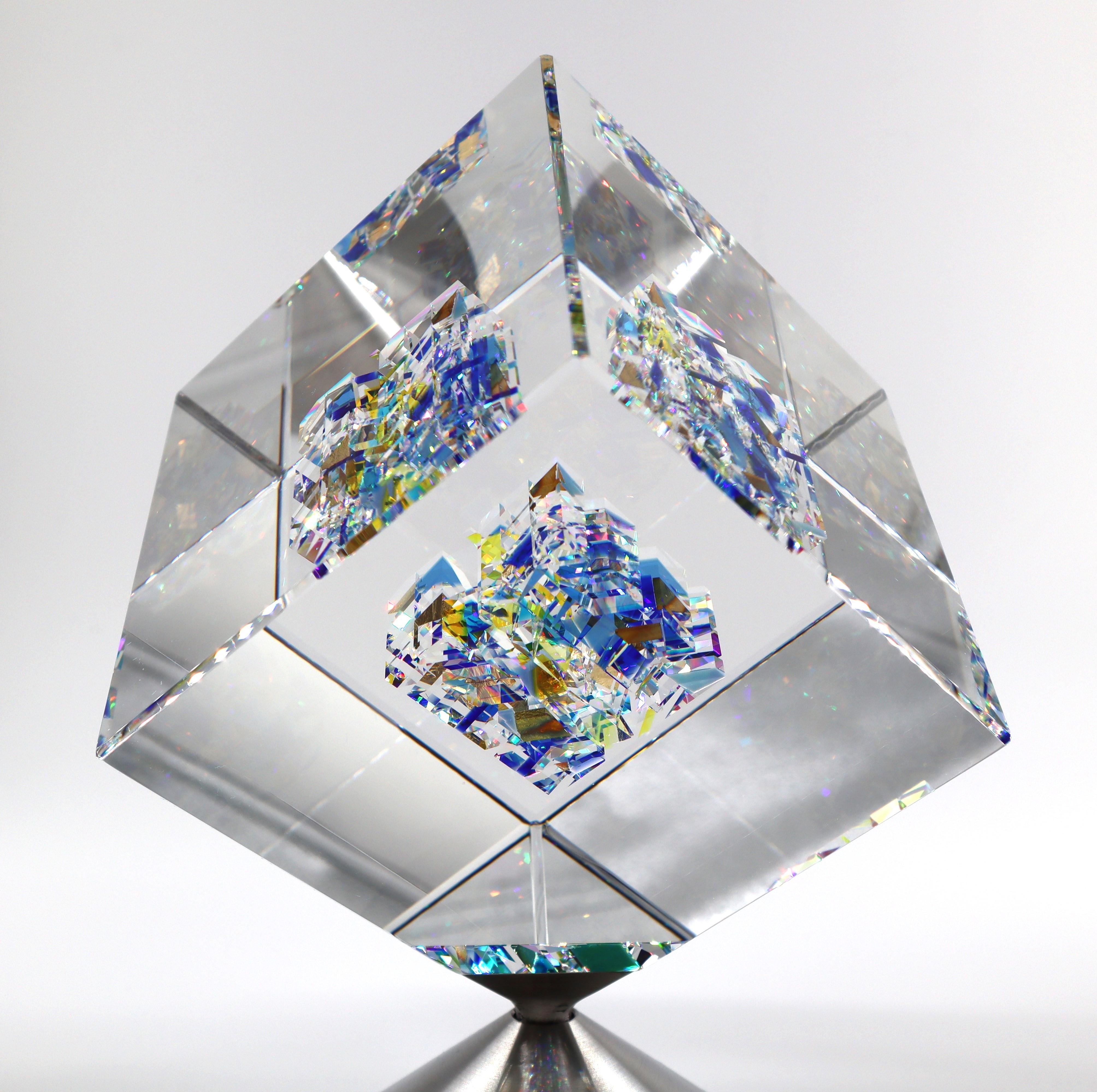 Jon Kuhn (American, b. 1949) 'Blue Moon - 2024' 6 Layers Glass Art Cube Sculptur For Sale 7