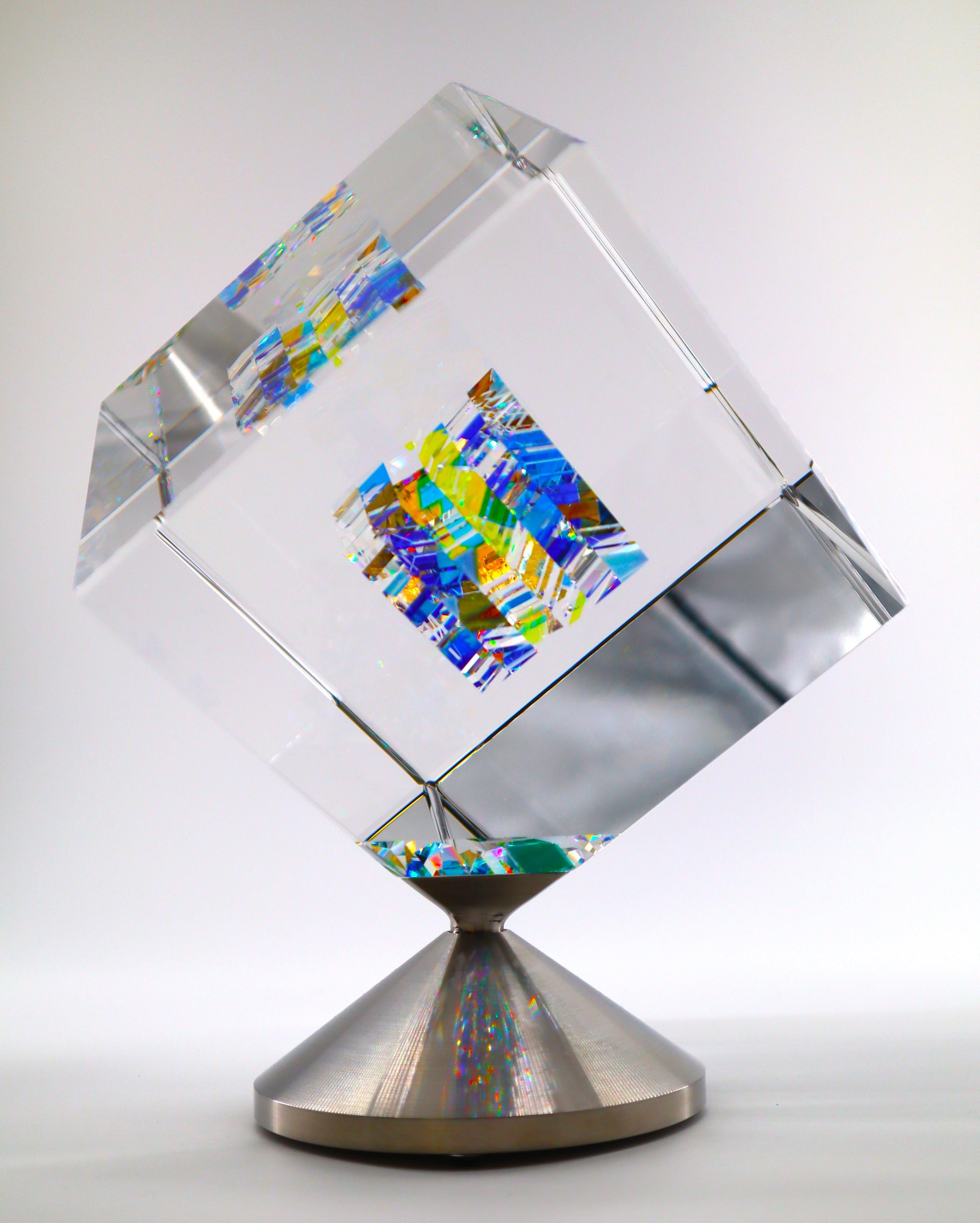 Jon Kuhn (American, b. 1949) 'Blue Moon - 2024' 6 Layers Glass Art Cube Sculptur