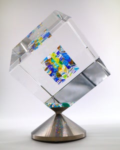 Used Jon Kuhn (American, b. 1949) 'Blue Moon - 2024' 6 Layers Glass Art Cube Sculptur