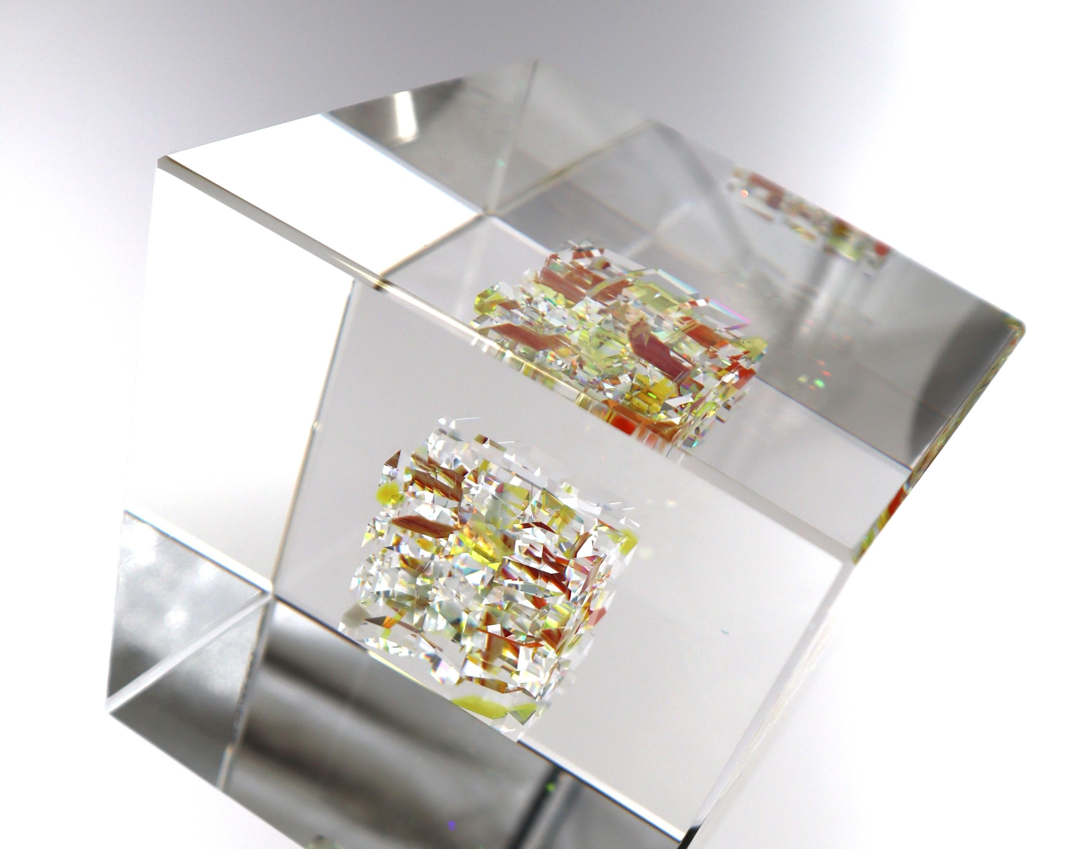 Jon Kuhn (American, b. 1949) 'Golden Sun 2024' 5 layers Glass Art Cube Sculpture For Sale 9