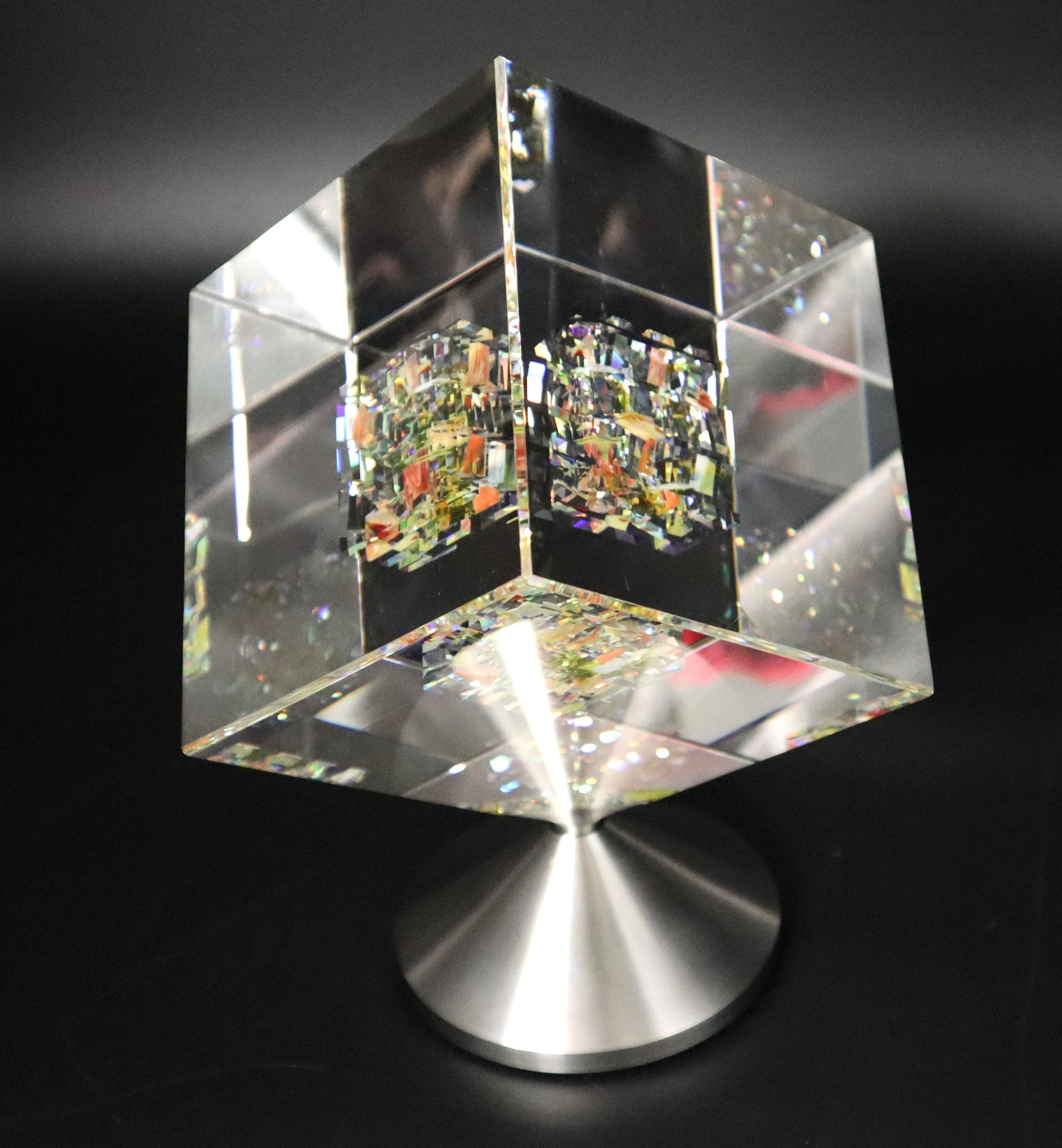 Jon Kuhn (American, b. 1949) 'Golden Sun 2024' 5 layers Glass Art Cube Sculpture For Sale 1