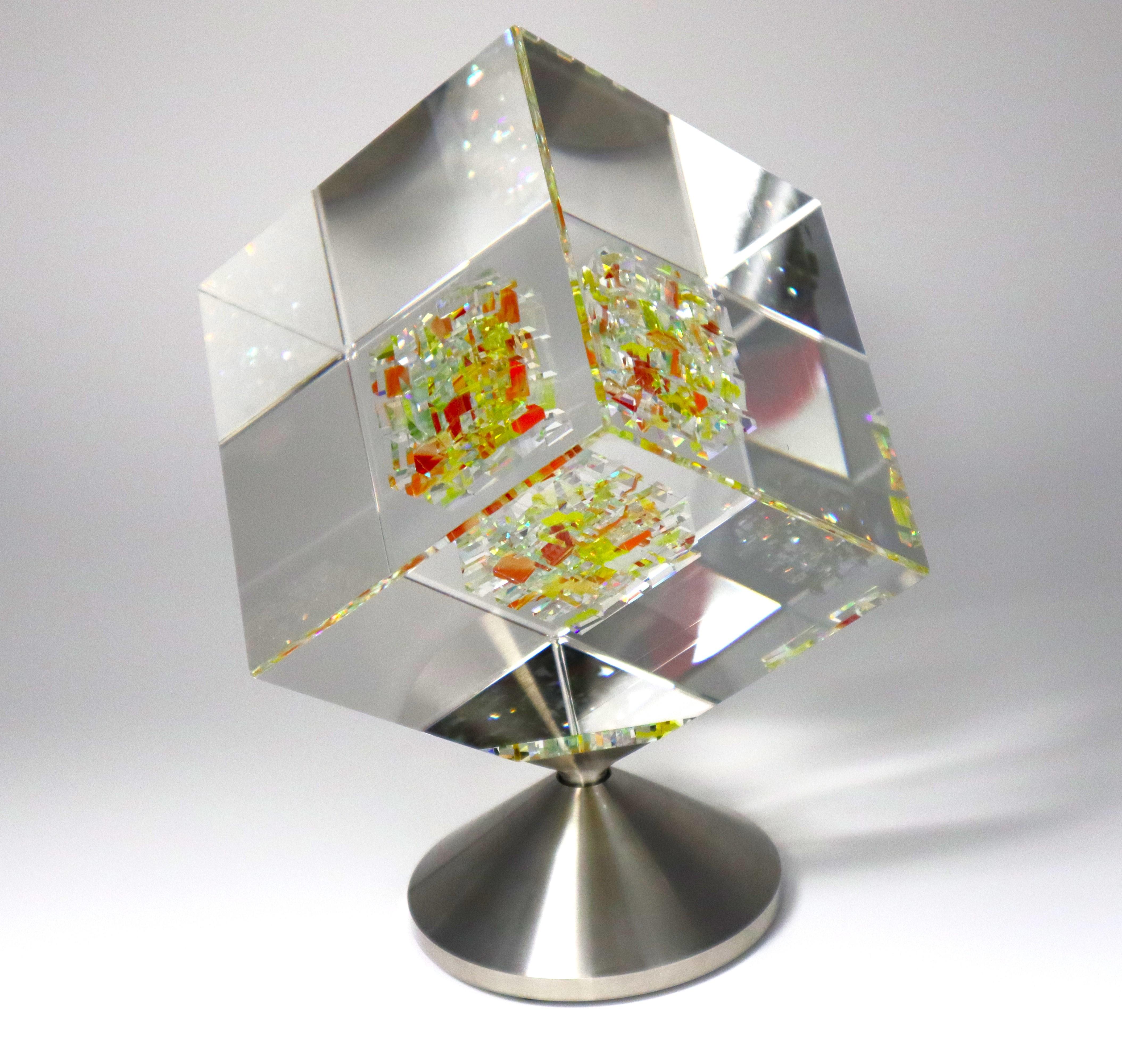 Jon Kuhn (American, b. 1949) 'Golden Sun 2024' 5 layers Glass Art Cube Sculpture For Sale 4