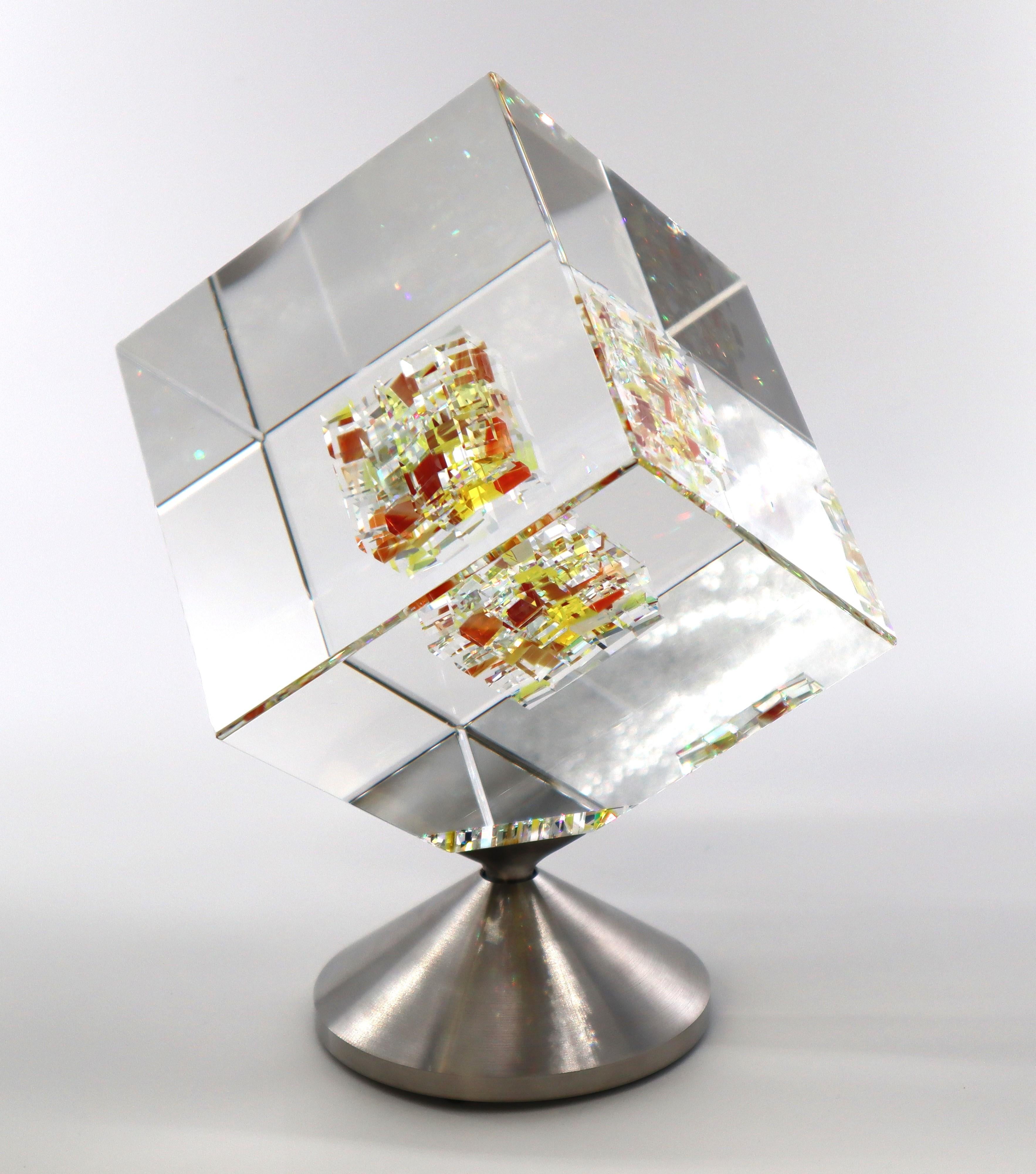 Jon Kuhn (American, b. 1949) 'Golden Sun 2024' 5 layers Glass Art Cube Sculpture For Sale 6