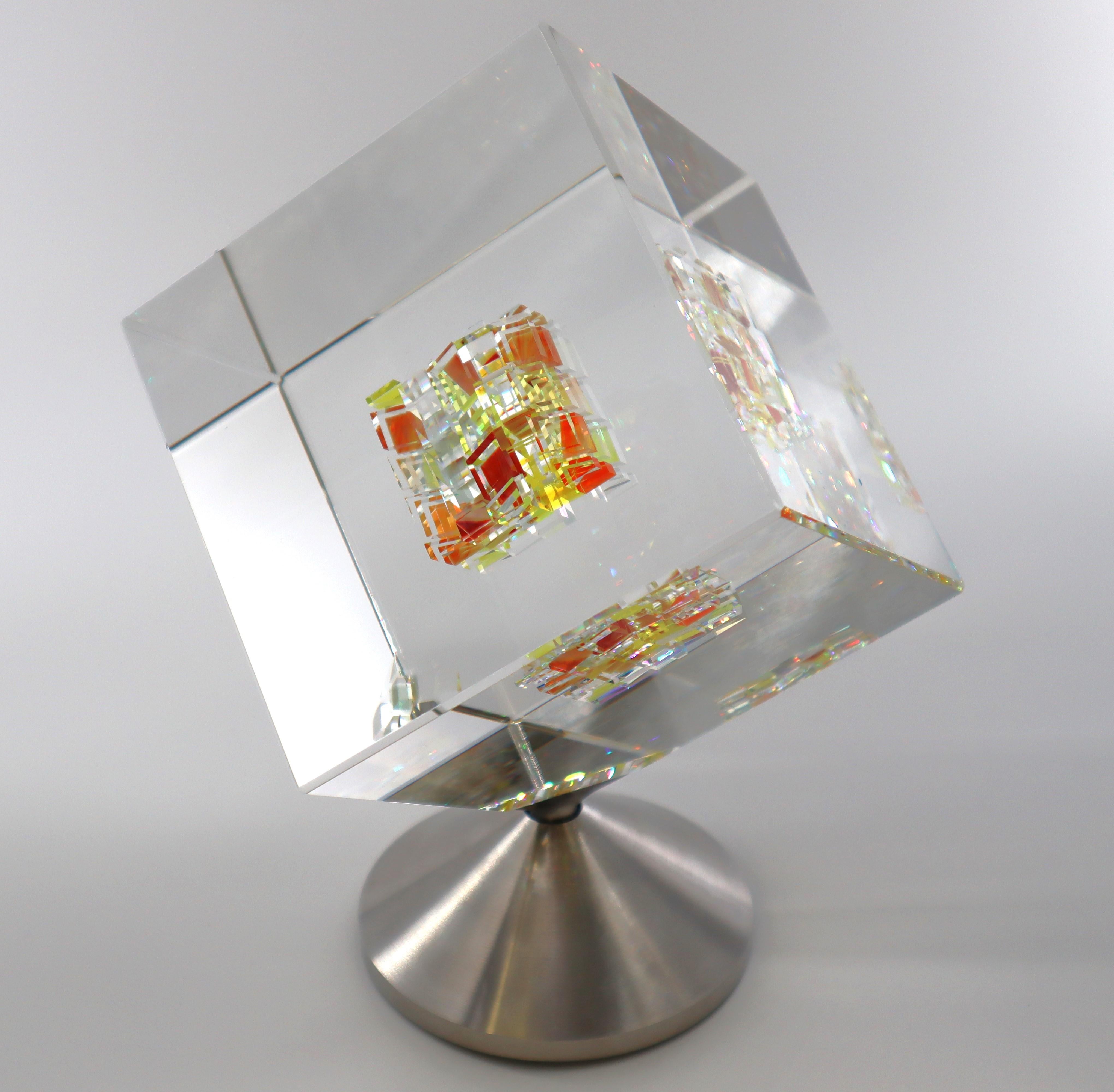 Jon Kuhn (American, b. 1949) 'Golden Sun 2024' 5 layers Glass Art Cube Sculpture For Sale 7