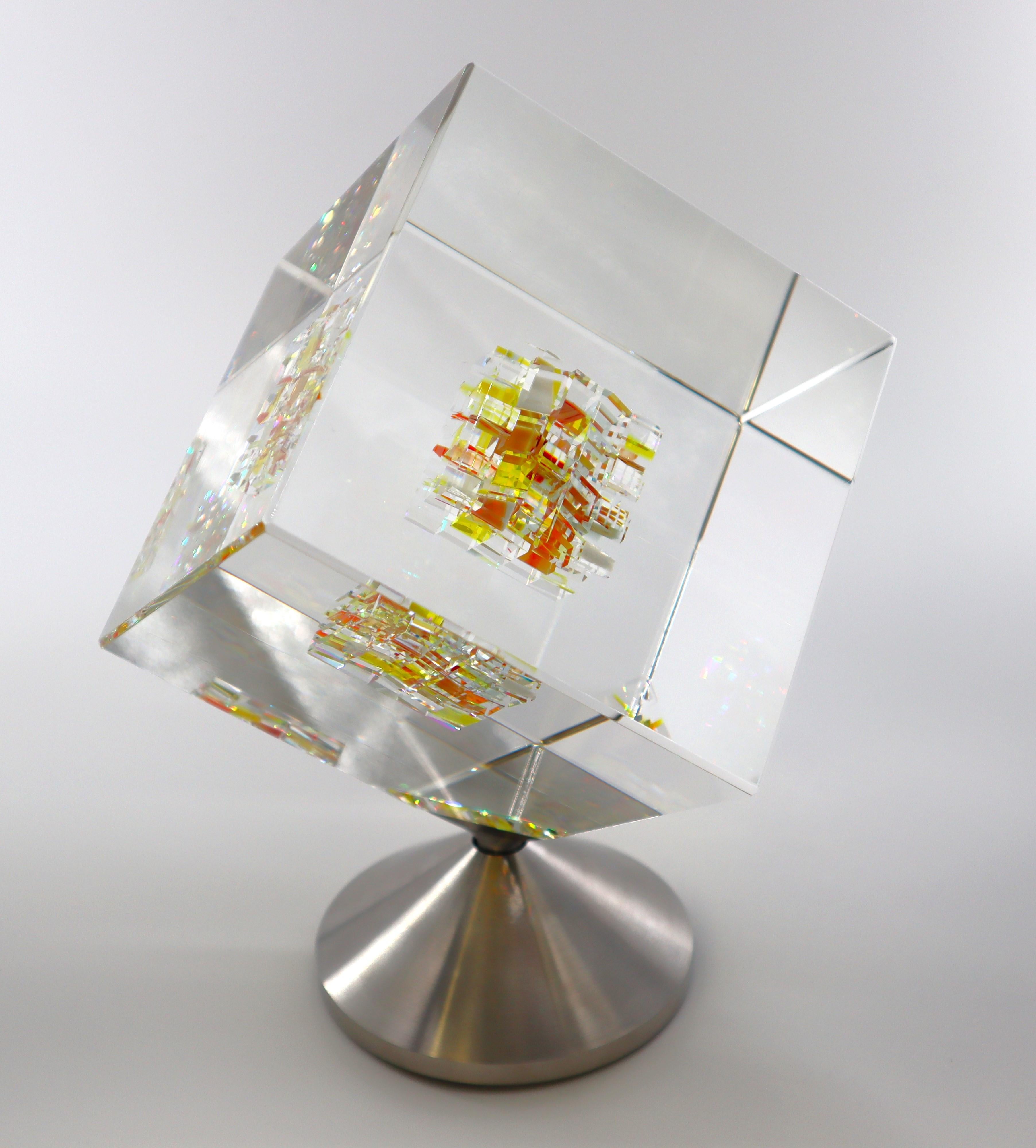 Jon Kuhn (American, b. 1949) 'Golden Sun 2024' 5 layers Glass Art Cube Sculpture For Sale 8